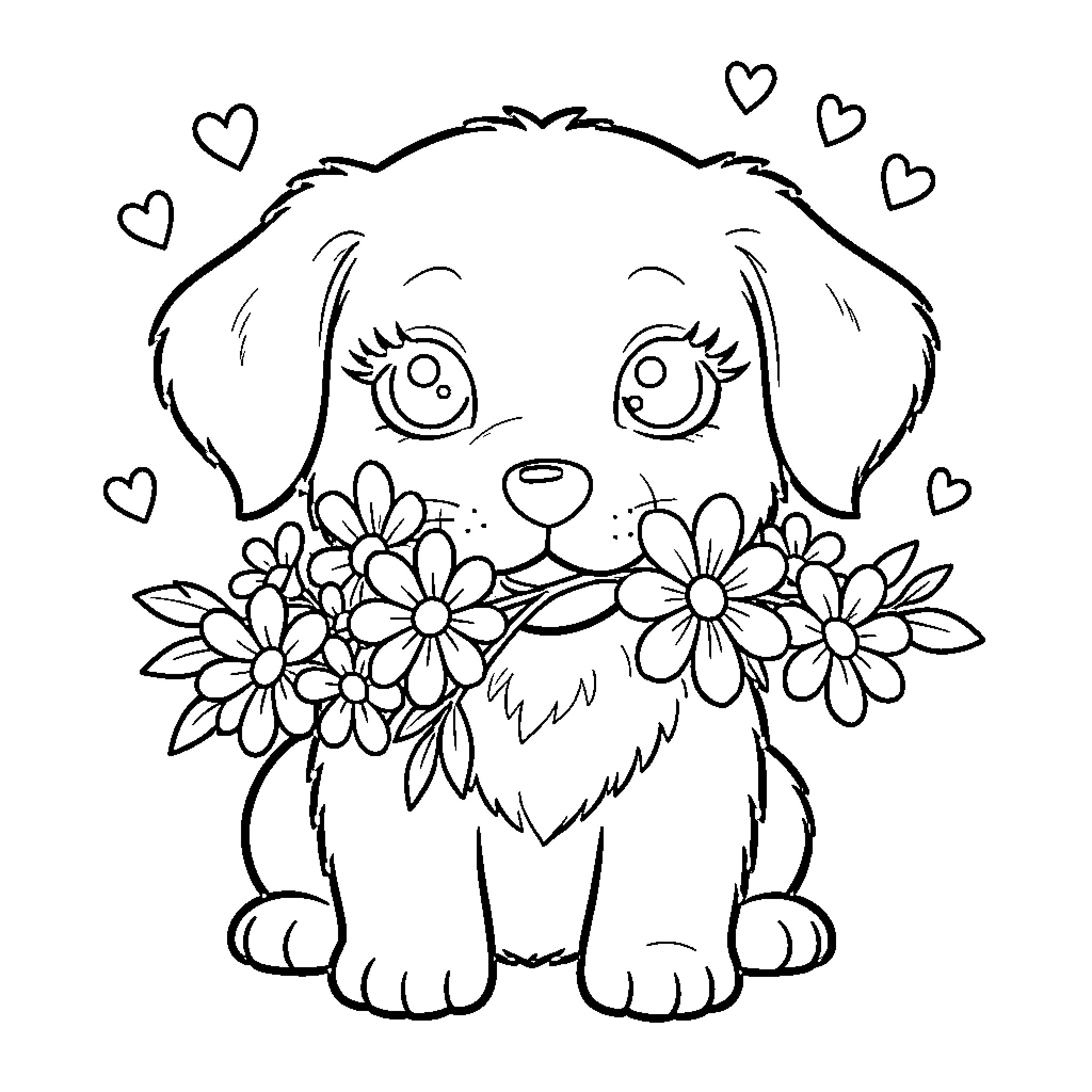 Puppy holding a bouquet of flowers with hearts Coloring Page (free black-and-white line drawing printable PDF for all, from beginners to advanced learners, including children, teens, adults, and seniors)