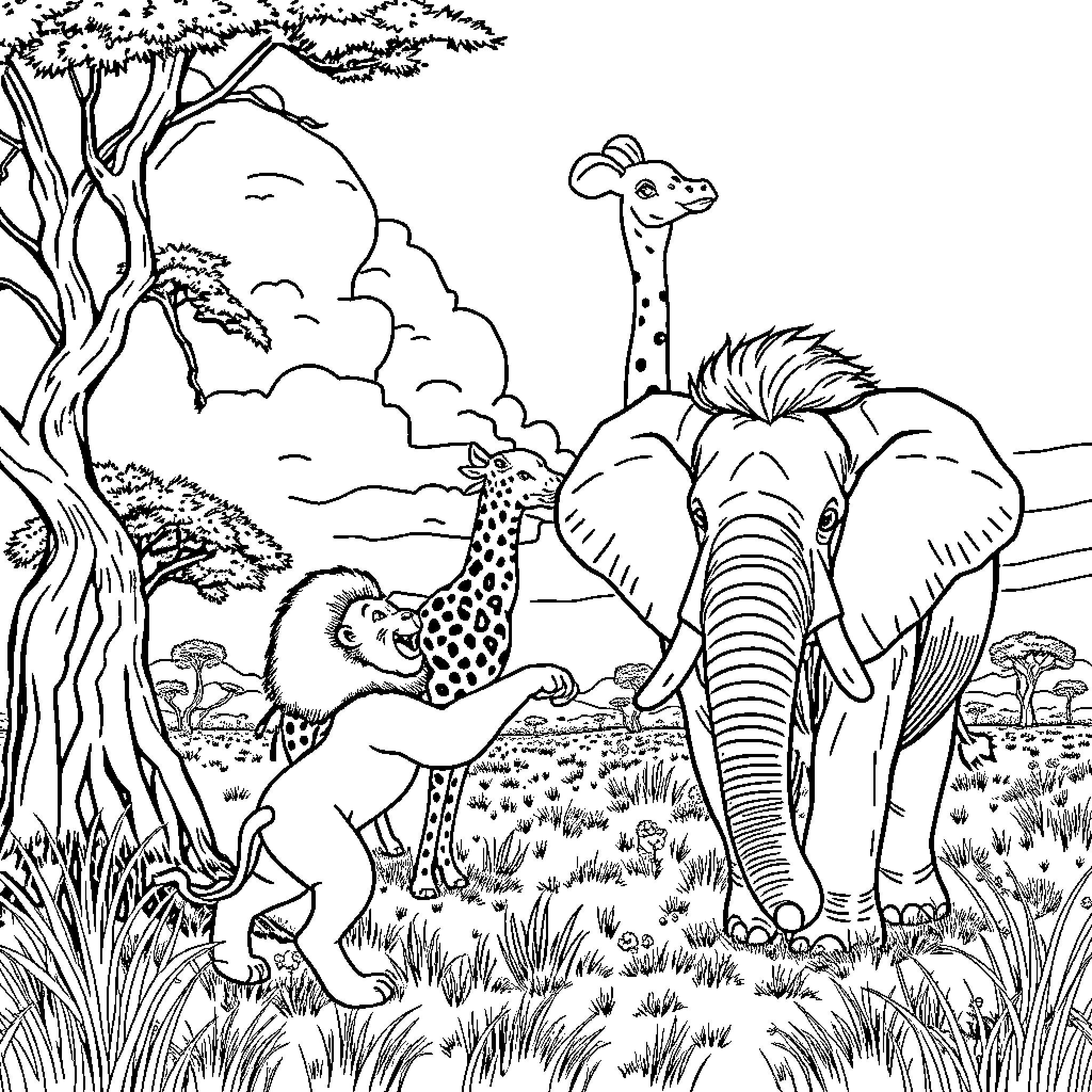 Lion and animals in the wild jungle landscape Coloring Page (free black-and-white line drawing printable PDF for all, from beginners to advanced learners, including children, teens, adults, and seniors)