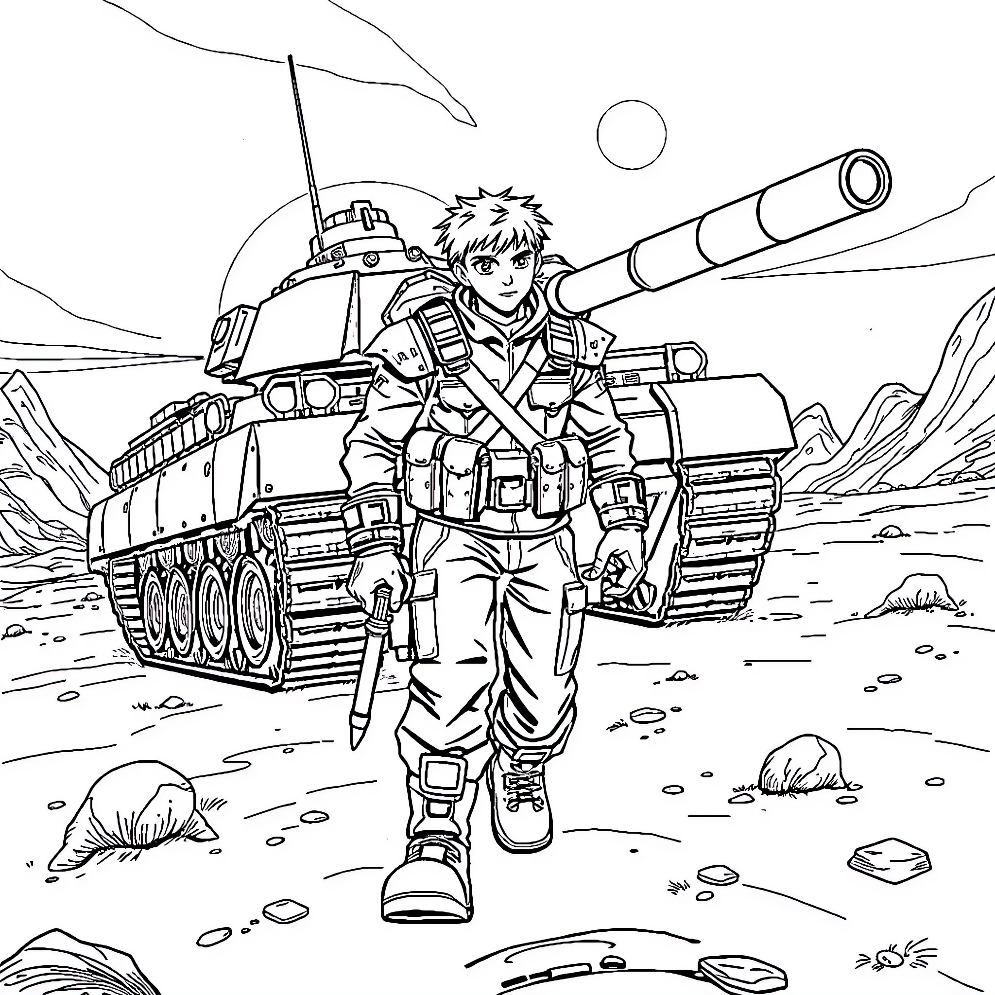 Tarma's Mighty Military Might Coloring Page (free black-and-white line drawing printable PDF for all, from beginners to advanced learners, including children, teens, adults, and seniors)