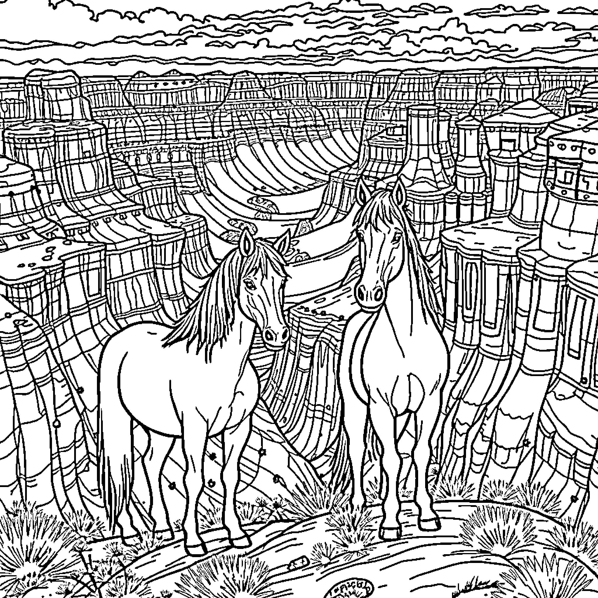 Horse duo exploring the vast and rugged landscape Coloring Page (free black-and-white line drawing printable PDF for all, from beginners to advanced learners, including children, teens, adults, and seniors)