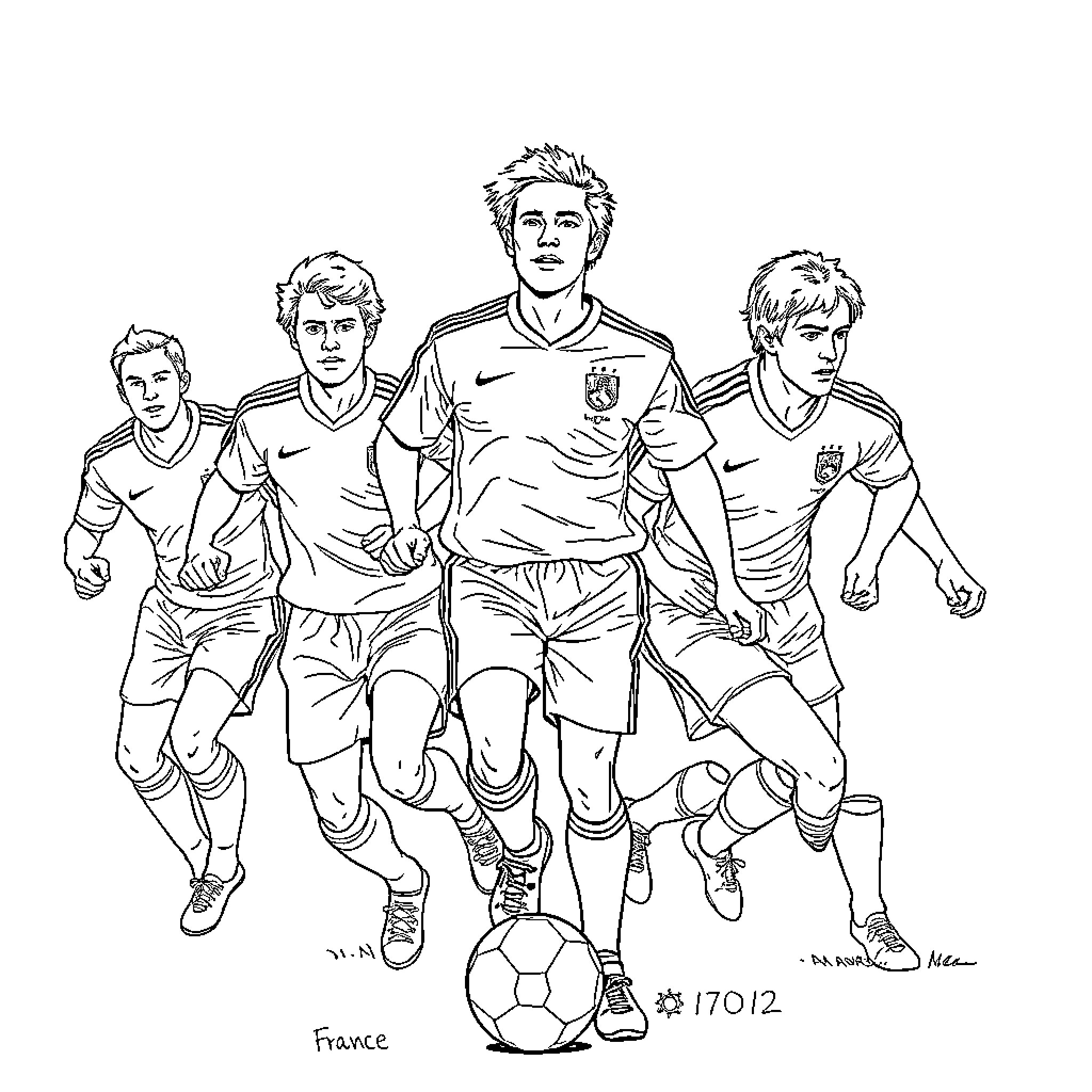 Joueur de football d'équipe nationale en action Coloring Page (free black-and-white line drawing printable PDF for all, from beginners to advanced learners, including children, teens, adults, and seniors)