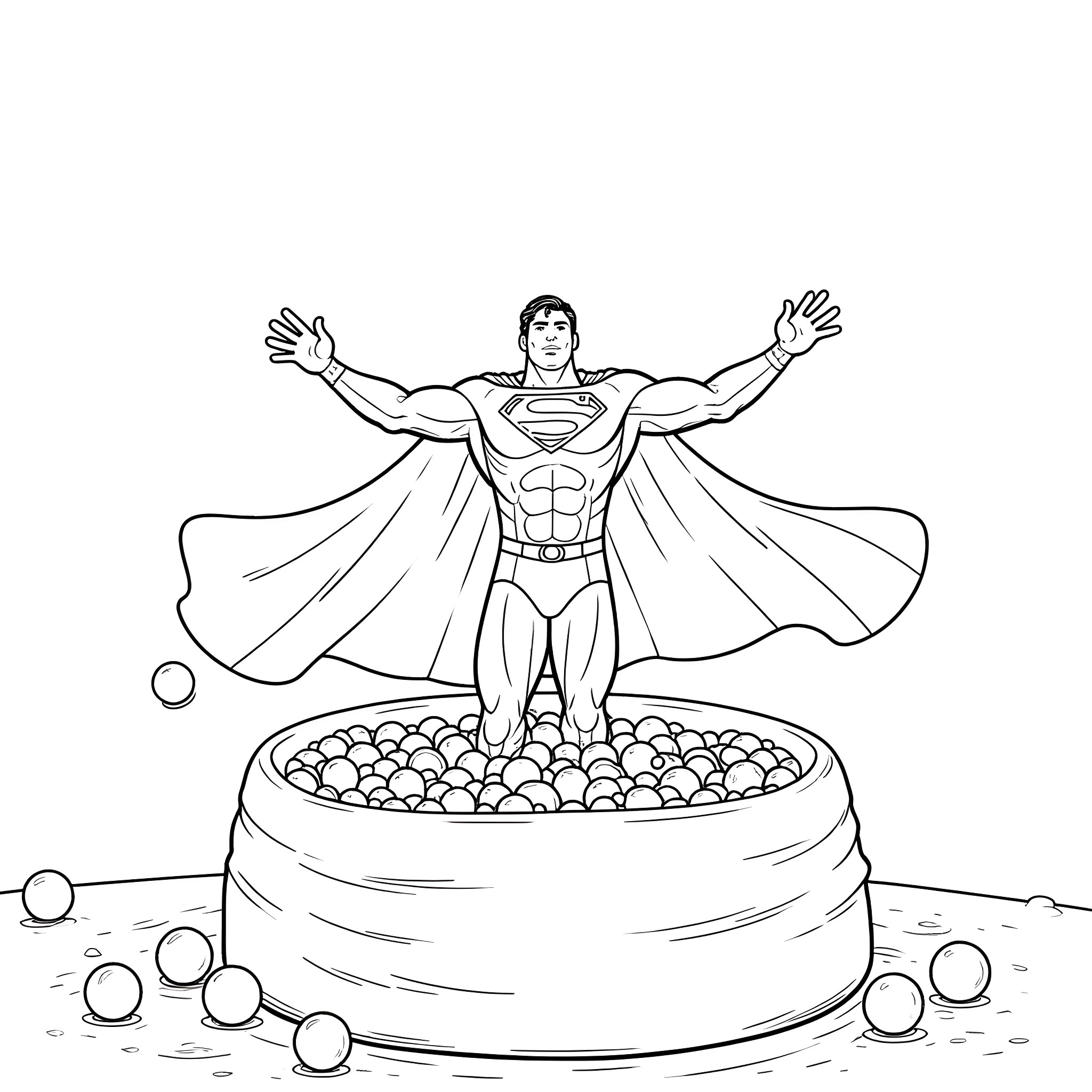 Superman Triumphant in a Sea of Kryptonite Coloring Page (free black-and-white line drawing printable PDF for all, from beginners to advanced learners, including children, teens, adults, and seniors)