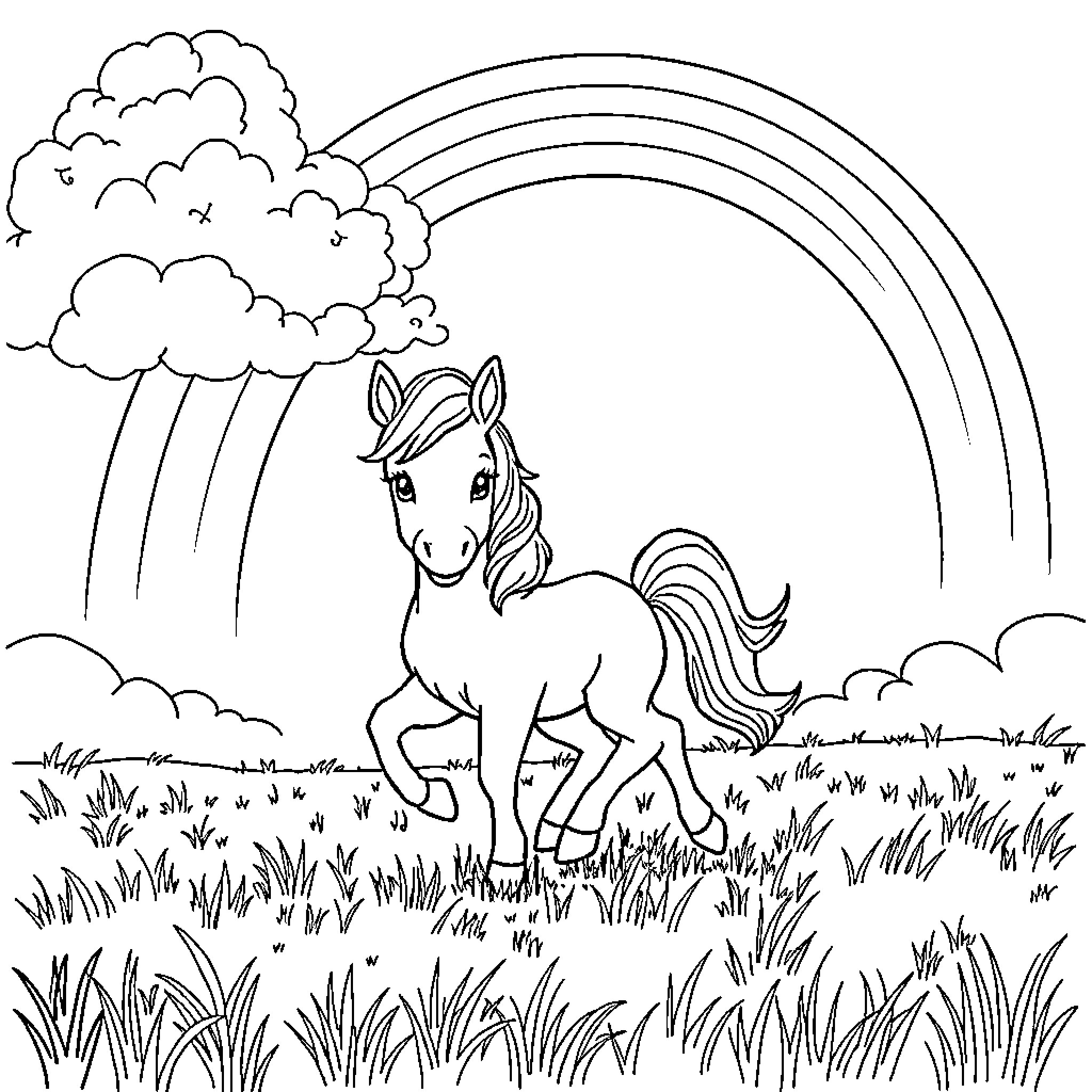Horse playing in the field with rainbow Coloring Page (free black-and-white line drawing printable PDF for all, from beginners to advanced learners, including children, teens, adults, and seniors)