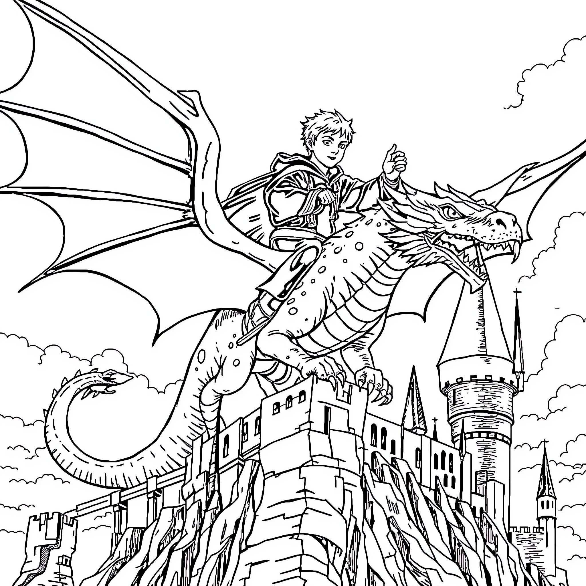 Draco Malfoy riding a dragon over Hogwarts castle Coloring Page (free black-and-white line drawing printable PDF for all, from beginners to advanced learners, including children, teens, adults, and seniors)