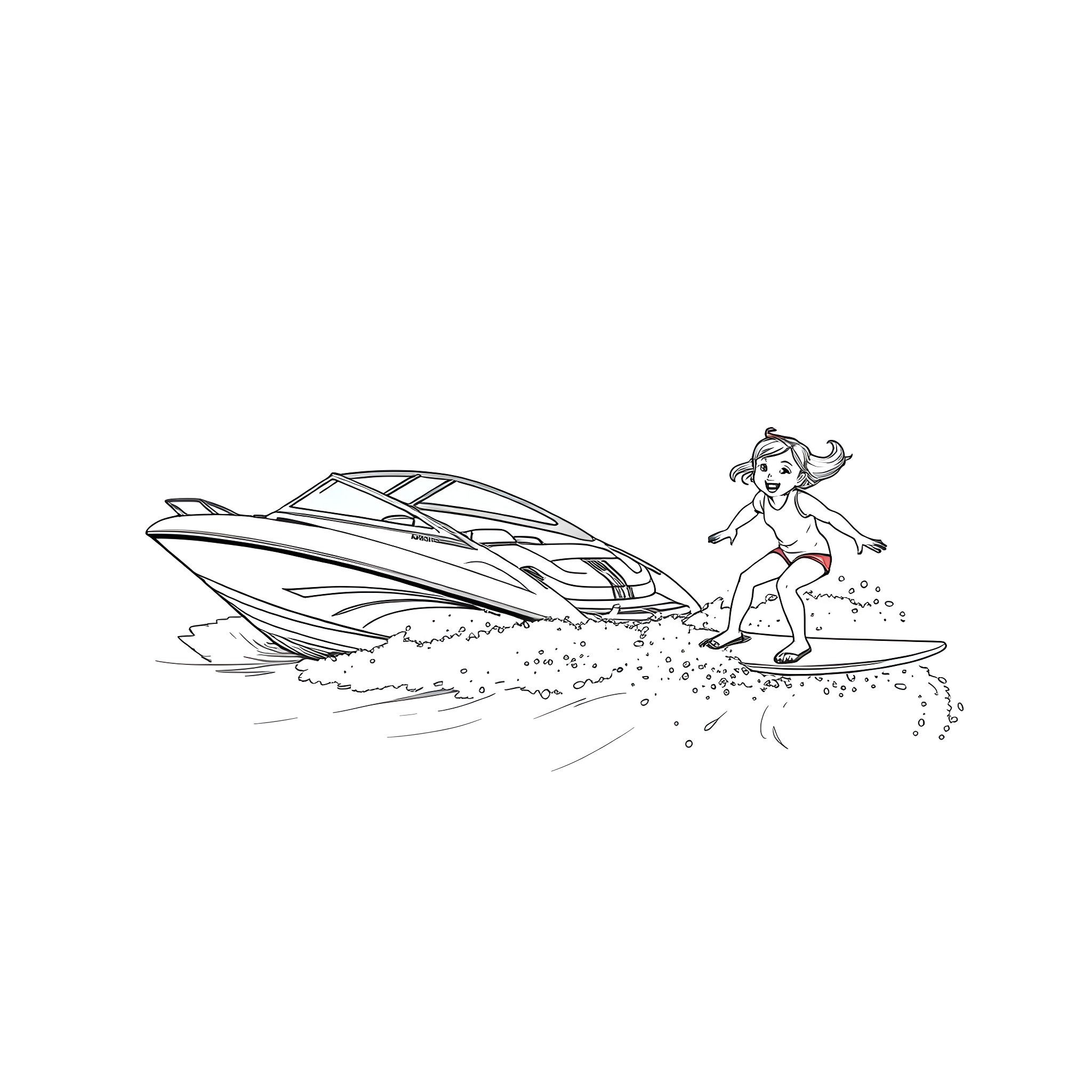 Boat speeding with woman on water skis Coloring Page (free black-and-white line drawing printable PDF for all, from beginners to advanced learners, including children, teens, adults, and seniors)