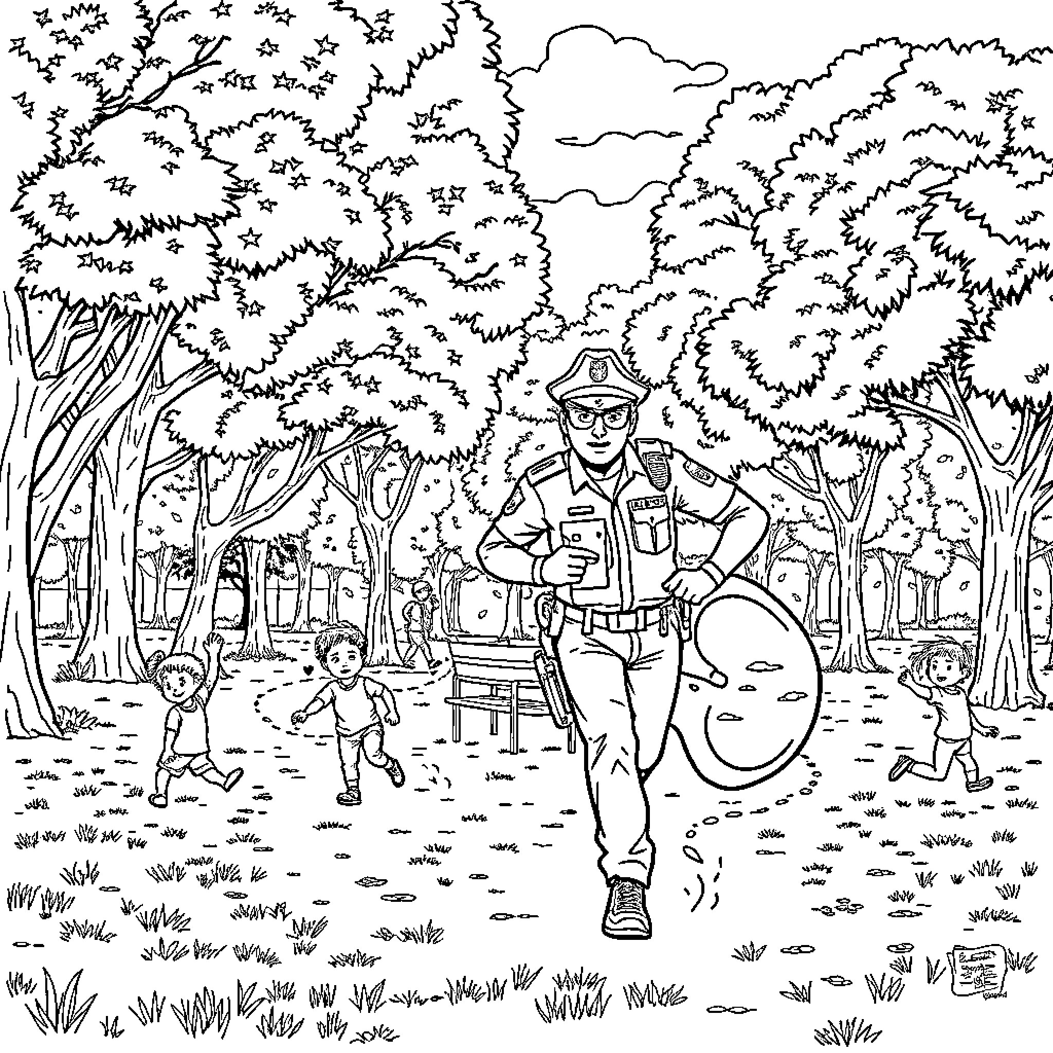 Policía vigilando el parque con niños Coloring Page (free black-and-white line drawing printable PDF for all, from beginners to advanced learners, including children, teens, adults, and seniors)