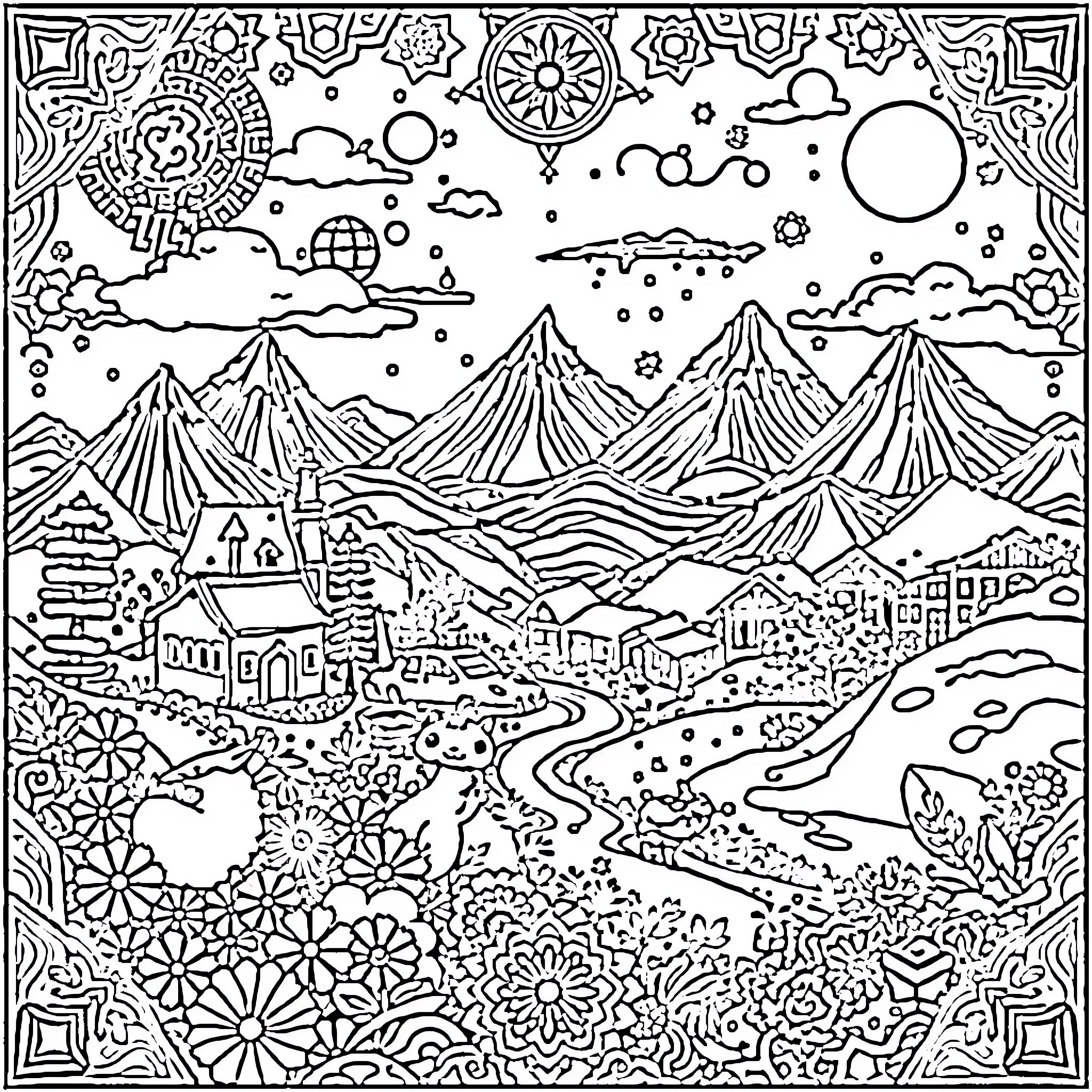 Studio Ghibli-inspired enchanted mountain landscape Coloring Page (free black-and-white line drawing printable PDF for all, from beginners to advanced learners, including children, teens, adults, and seniors)