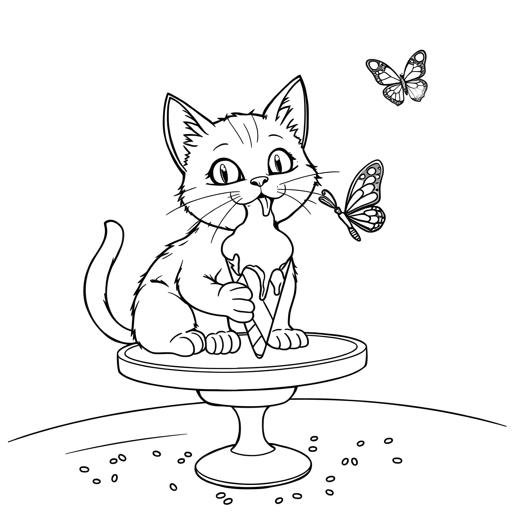 Cat playing with butterflies on a pedestal Coloring Page (free black-and-white line drawing printable PDF for all, from beginners to advanced learners, including children, teens, adults, and seniors)