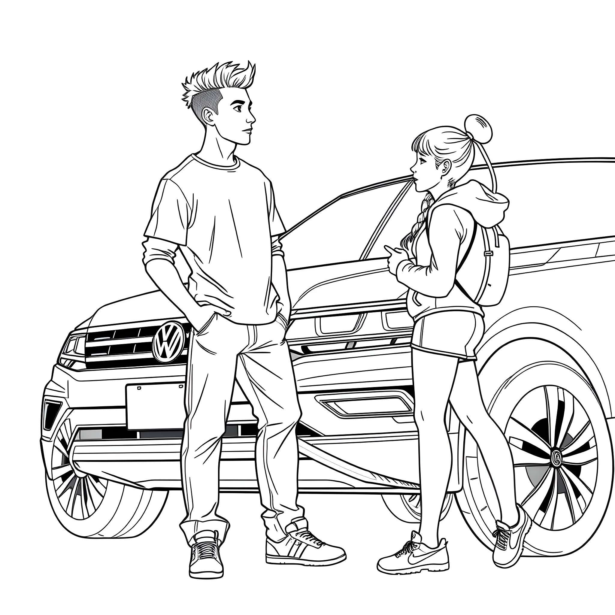 Teen couple relaxing by their car Coloring Page (free black-and-white line drawing printable PDF for all, from beginners to advanced learners, including children, teens, adults, and seniors)