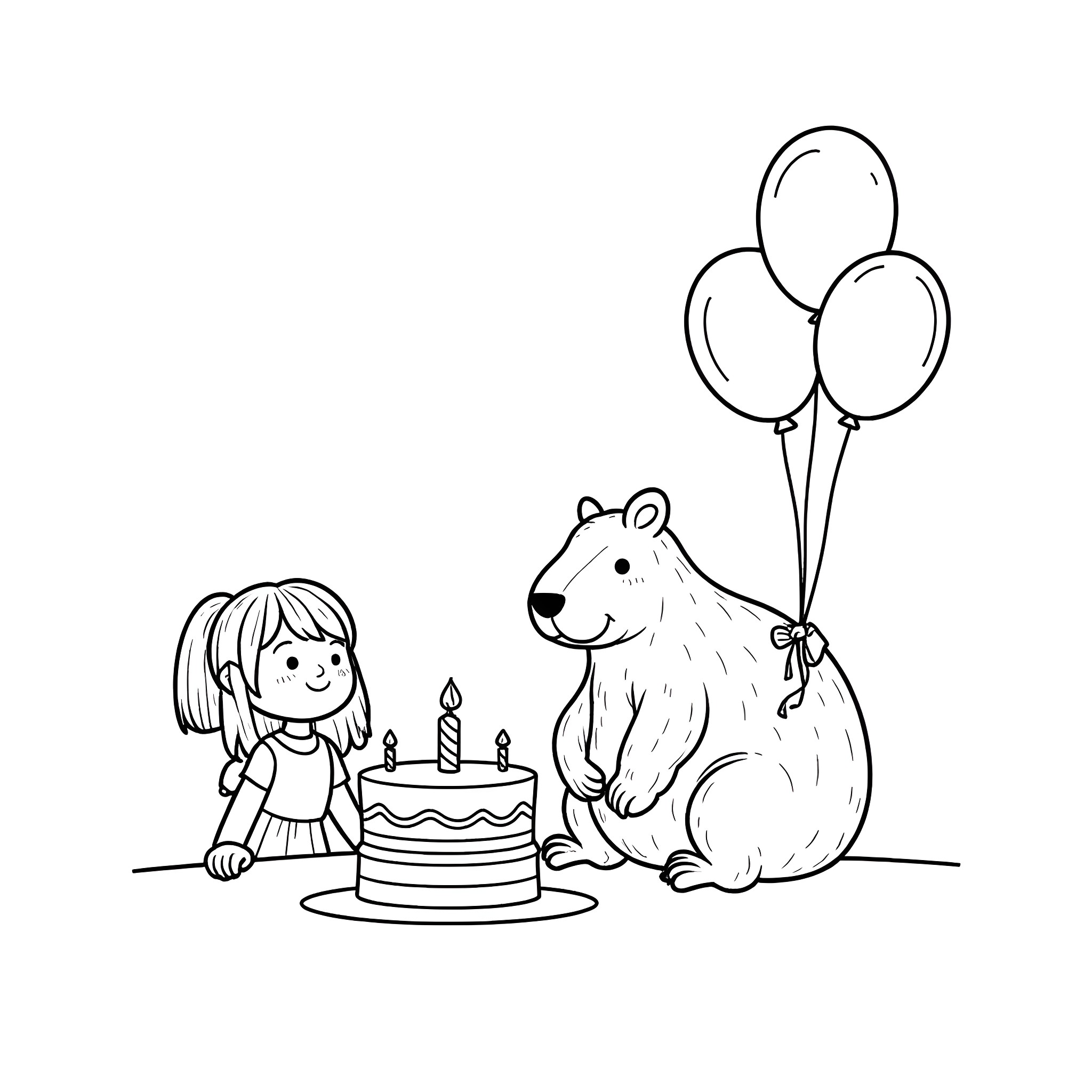 Capybara celebrates girl's birthday with balloons Coloring Page (free black-and-white line drawing printable PDF for all, from beginners to advanced learners, including children, teens, adults, and seniors)