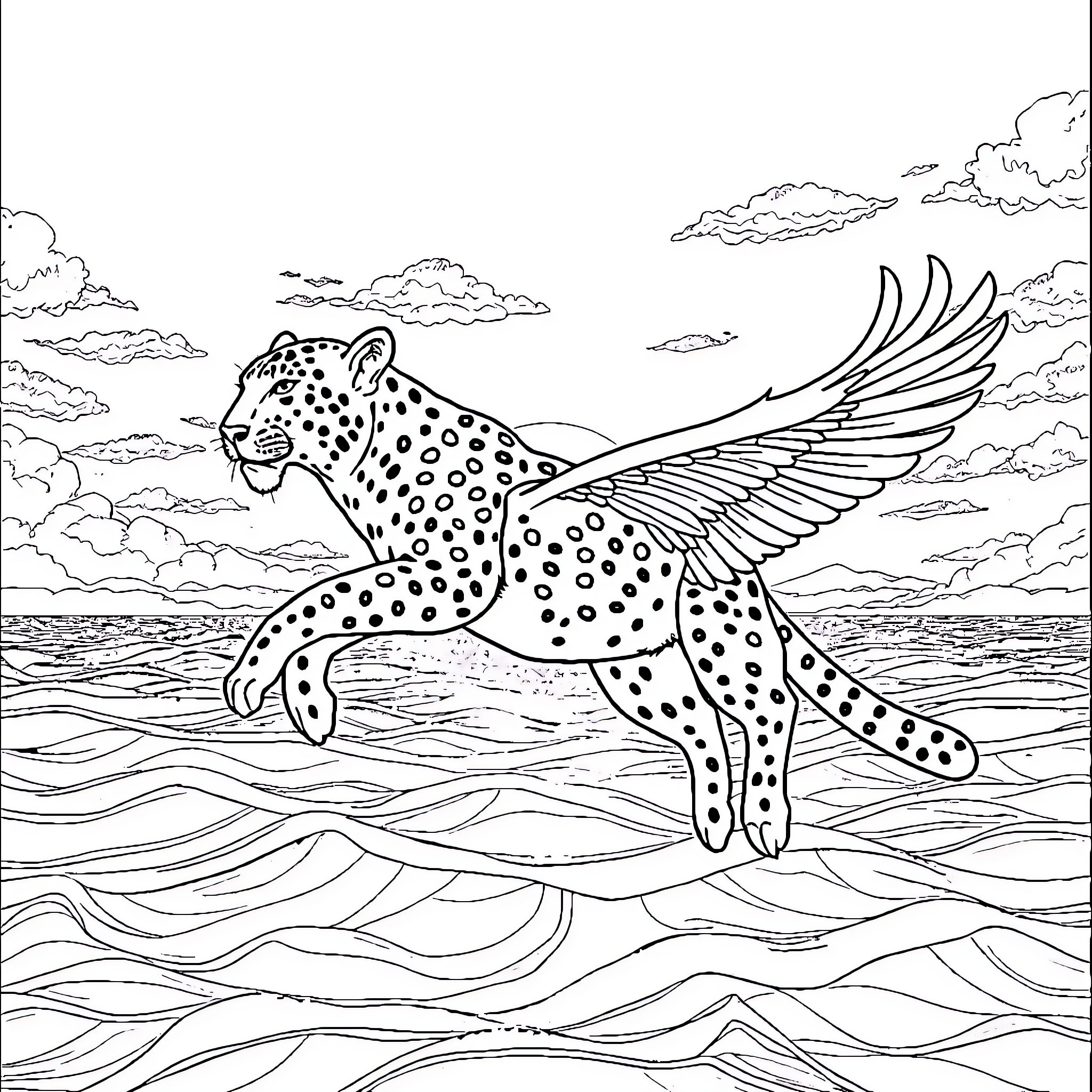 Snow Leopard soaring through the skies Coloring Page (free black-and-white line drawing printable PDF for all, from beginners to advanced learners, including children, teens, adults, and seniors)