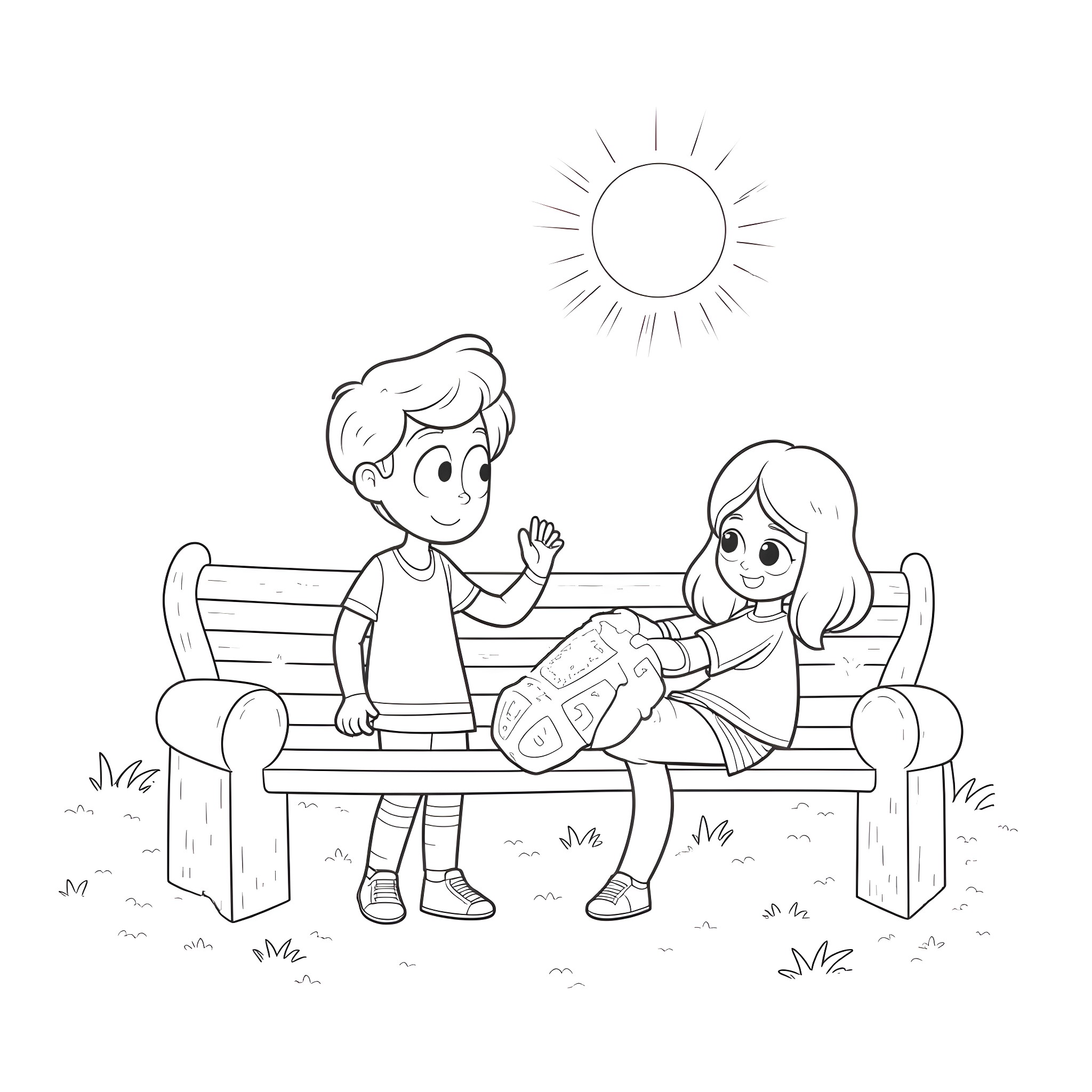 Steven Universe characters enjoying a sunny day on a bench Coloring Page (free black-and-white line drawing printable PDF for all, from beginners to advanced learners, including children, teens, adults, and seniors)