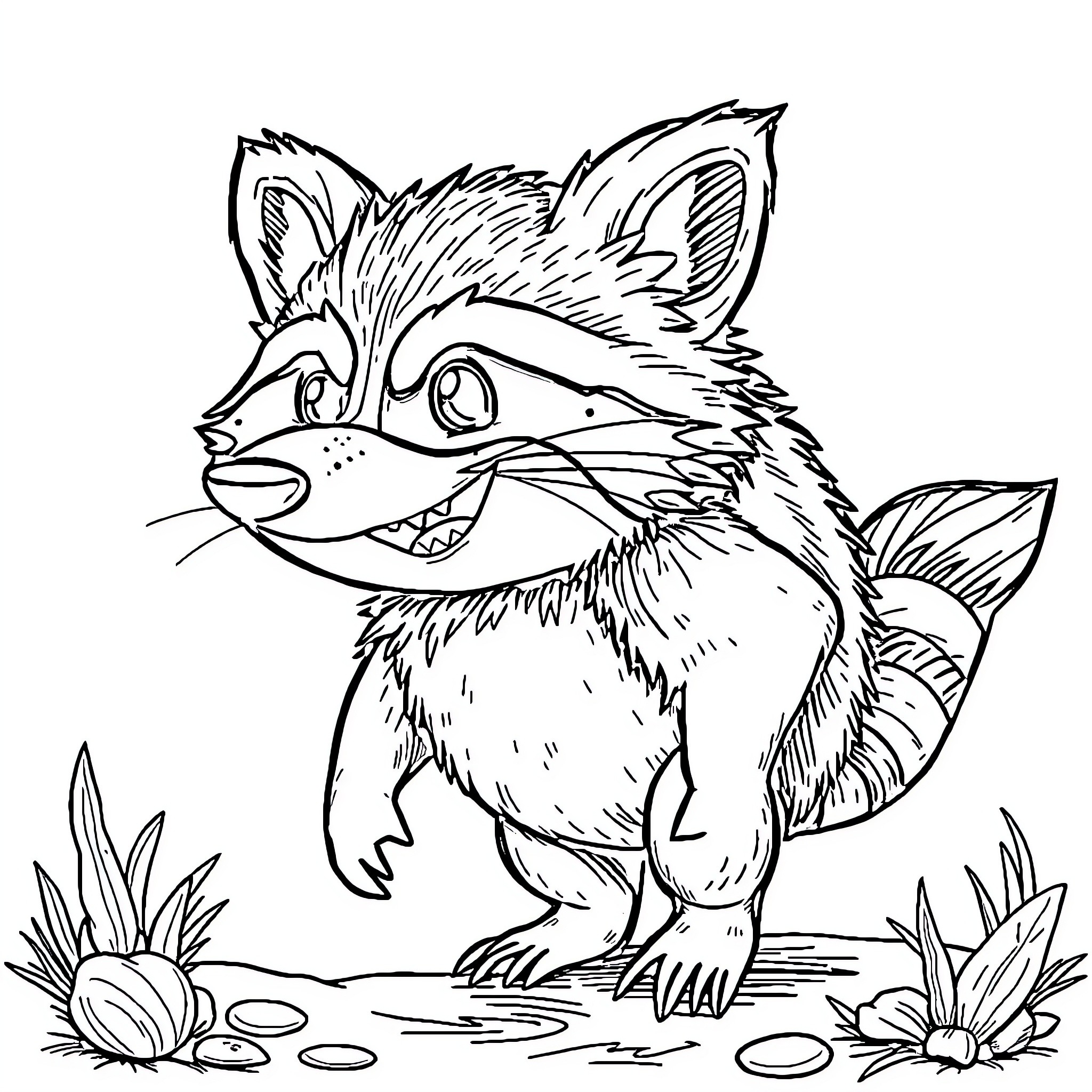 Raccoon exploring a natural setting Coloring Page (free black-and-white line drawing printable PDF for all, from beginners to advanced learners, including children, teens, adults, and seniors)