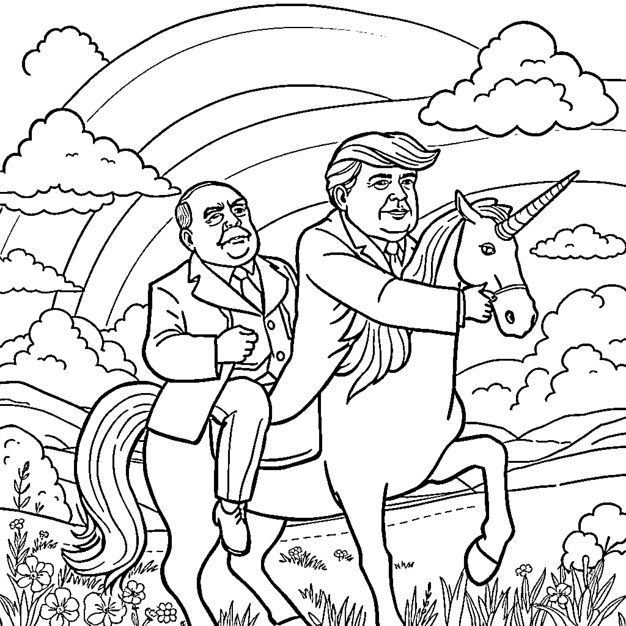 Unicorn ride with political leaders in nature Coloring Page (free black-and-white line drawing printable PDF for all, from beginners to advanced learners, including children, teens, adults, and seniors)