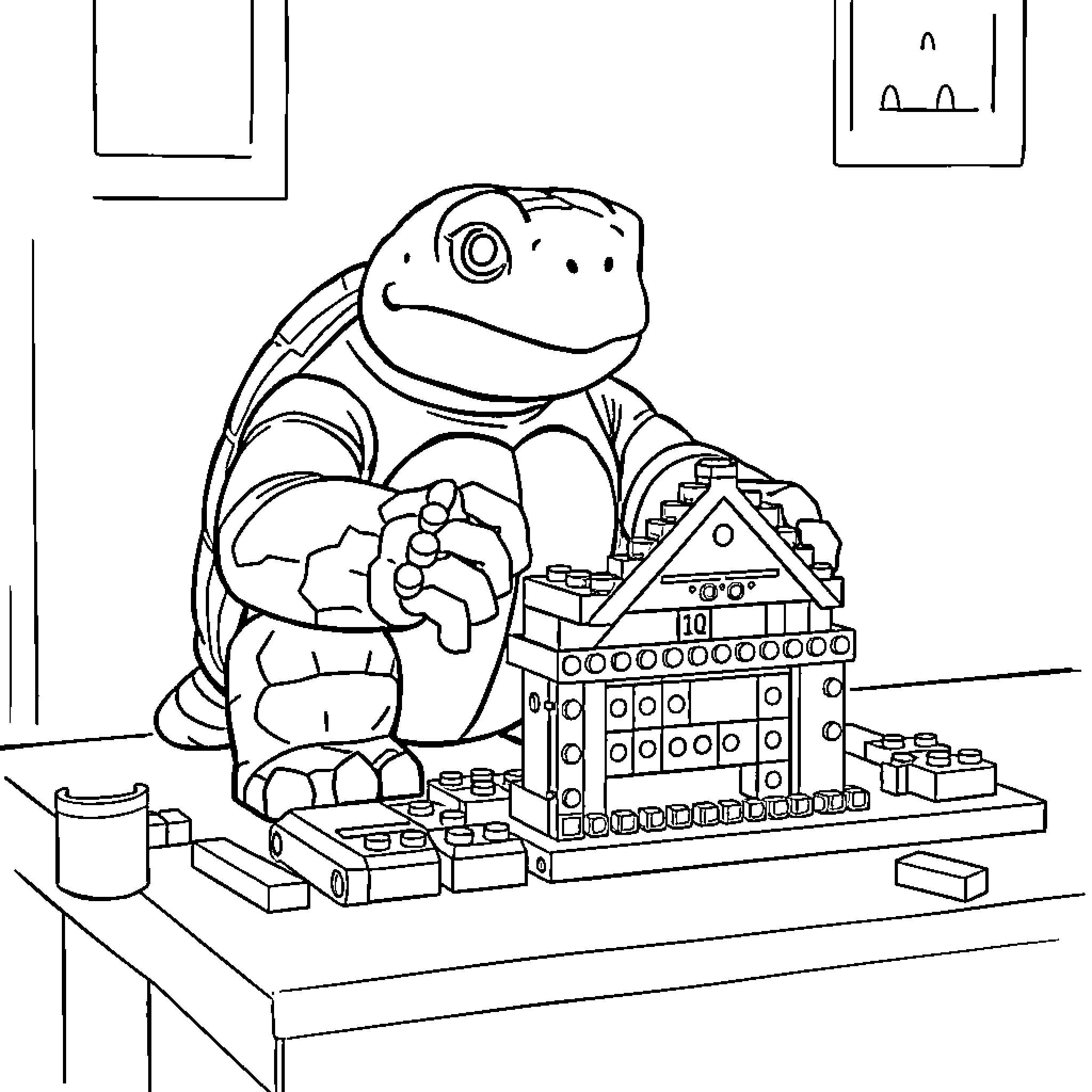Blastoise building with toy blocks in the room Coloring Page (free black-and-white line drawing printable PDF for all, from beginners to advanced learners, including children, teens, adults, and seniors)