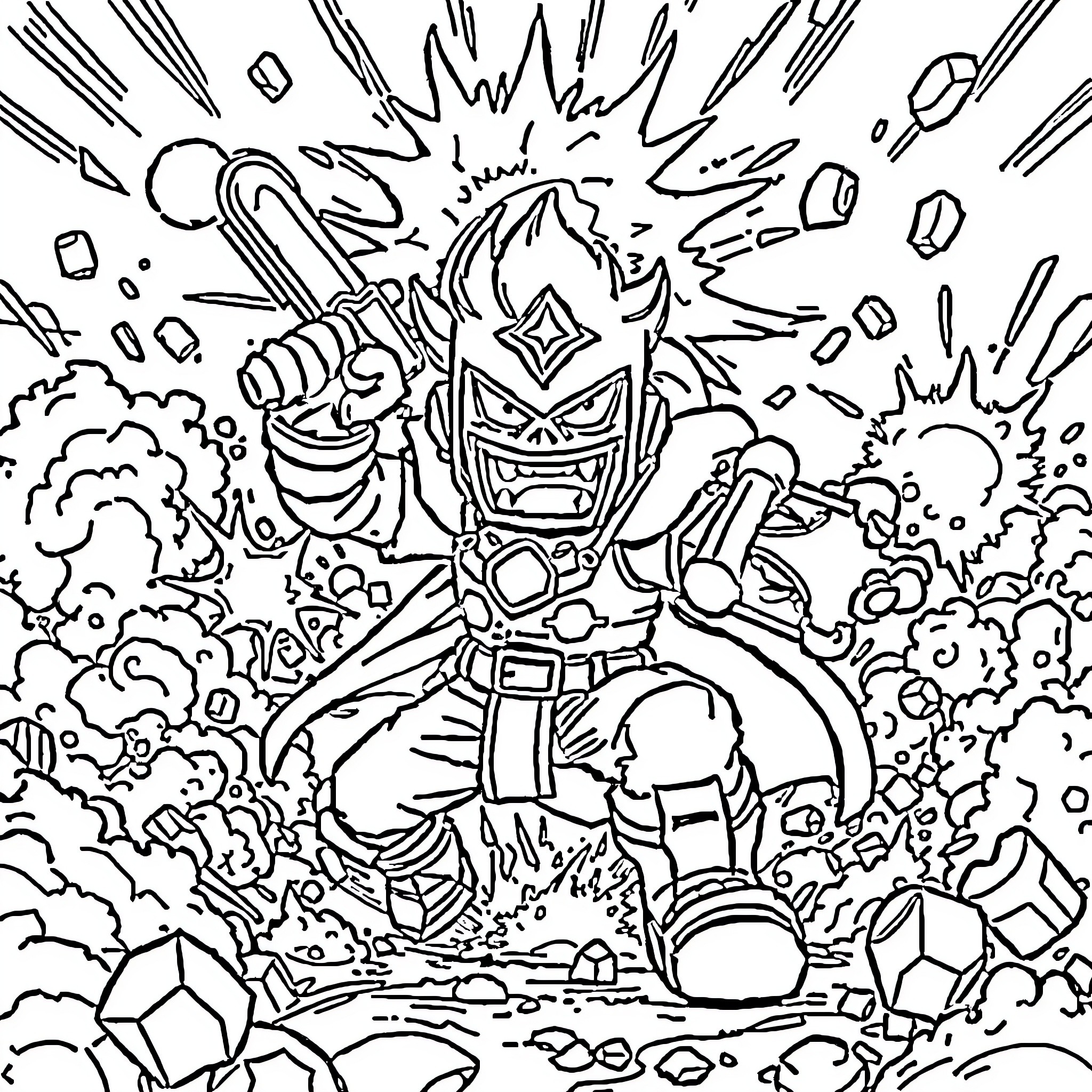 Brawlstar character in explosive action scene Coloring Page (free black-and-white line drawing printable PDF for all, from beginners to advanced learners, including children, teens, adults, and seniors)