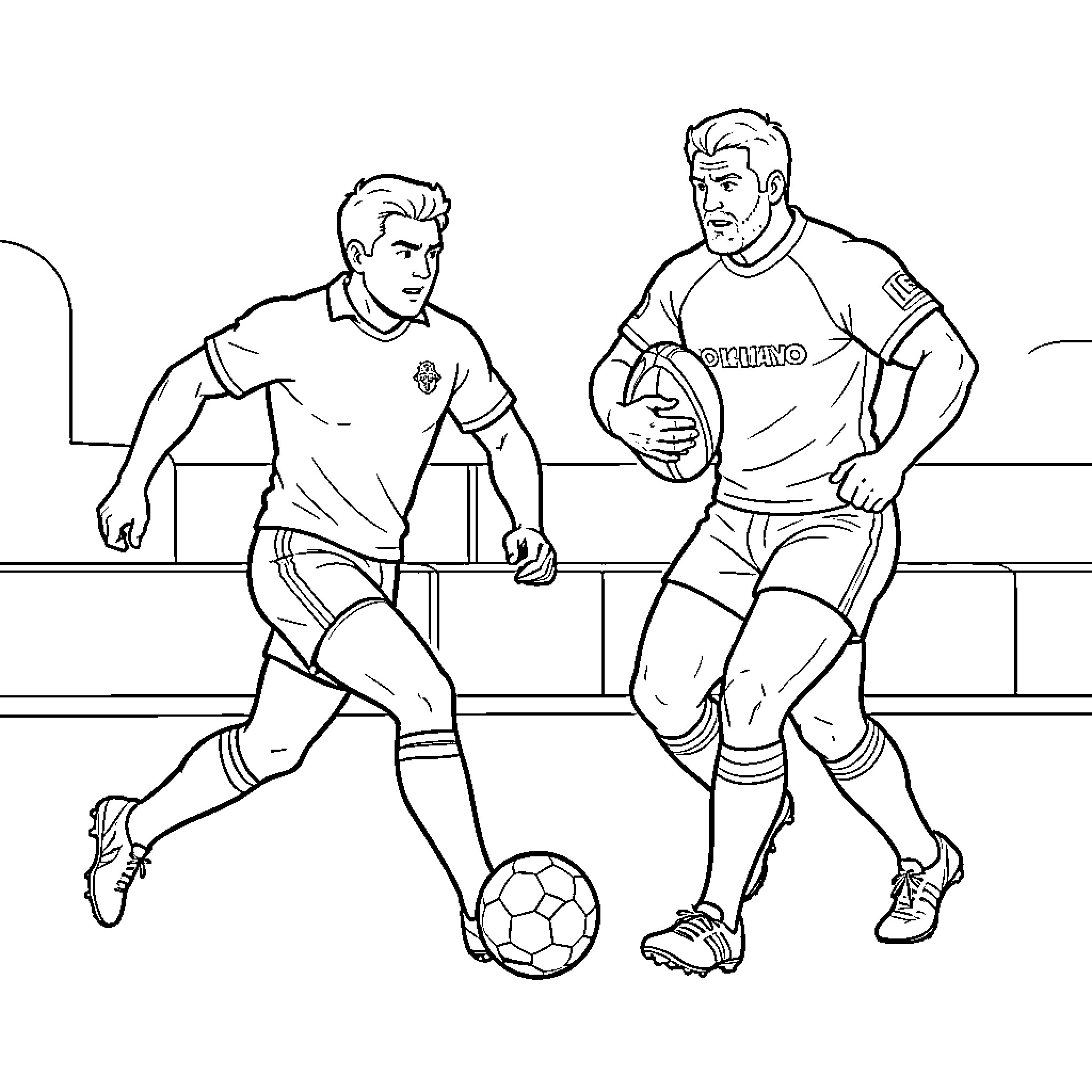 Foot Player competing in a dynamic sports match Coloring Page (free black-and-white line drawing printable PDF for all, from beginners to advanced learners, including children, teens, adults, and seniors)