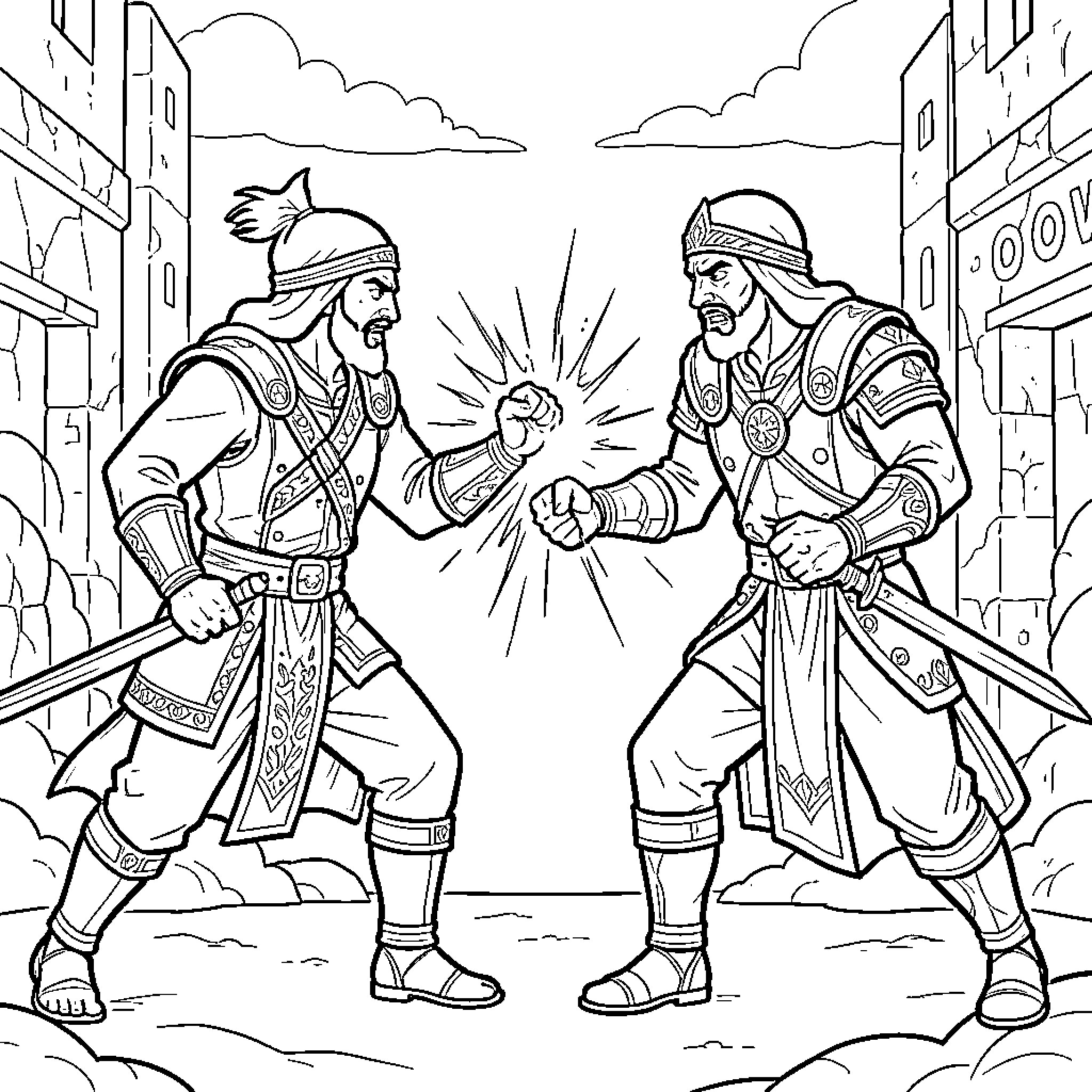 Walid facing off against a warrior in battle Coloring Page (free black-and-white line drawing printable PDF for all, from beginners to advanced learners, including children, teens, adults, and seniors)
