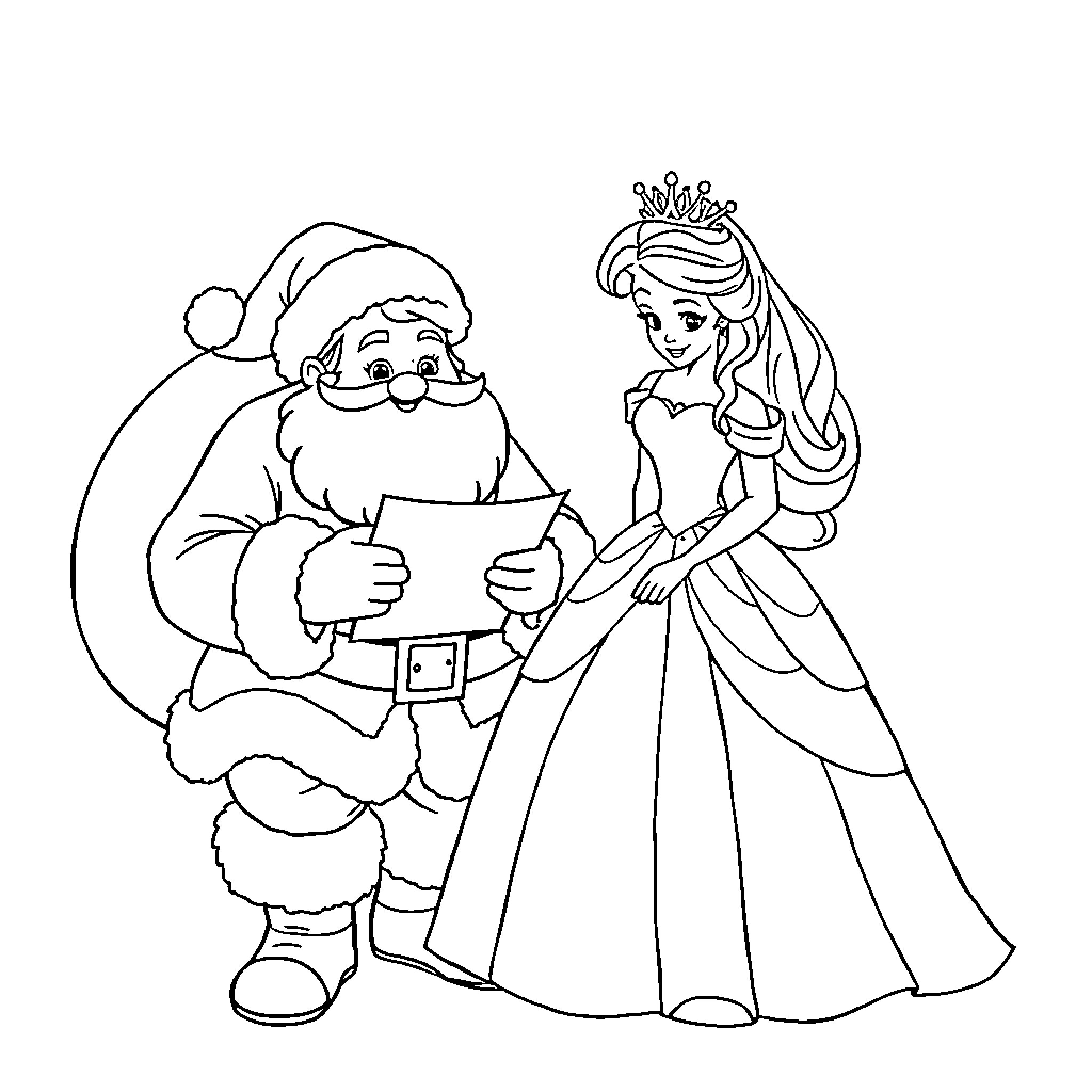 Santa Sharing a Story with a Princess Coloring Page (free black-and-white line drawing printable PDF for all, from beginners to advanced learners, including children, teens, adults, and seniors)
