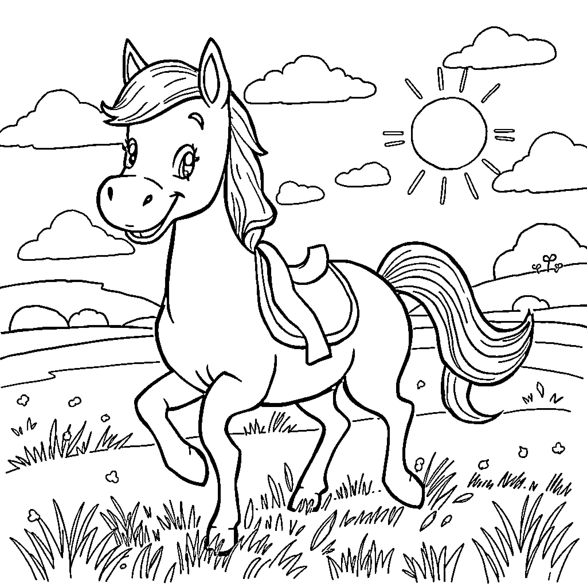 Bluey enjoying a sunny day outdoors with a cheerful pony Coloring Page (free black-and-white line drawing printable PDF for all, from beginners to advanced learners, including children, teens, adults, and seniors)