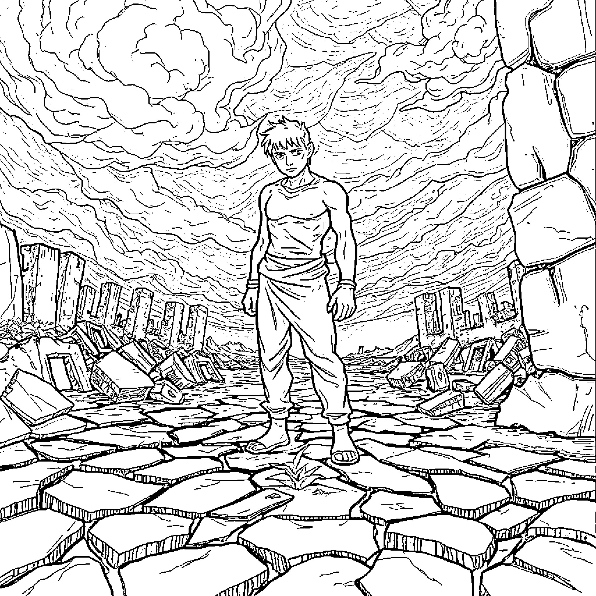 Figure of a Lone Person Amid Chaotic Landscape Coloring Page (free black-and-white line drawing printable PDF for all, from beginners to advanced learners, including children, teens, adults, and seniors)