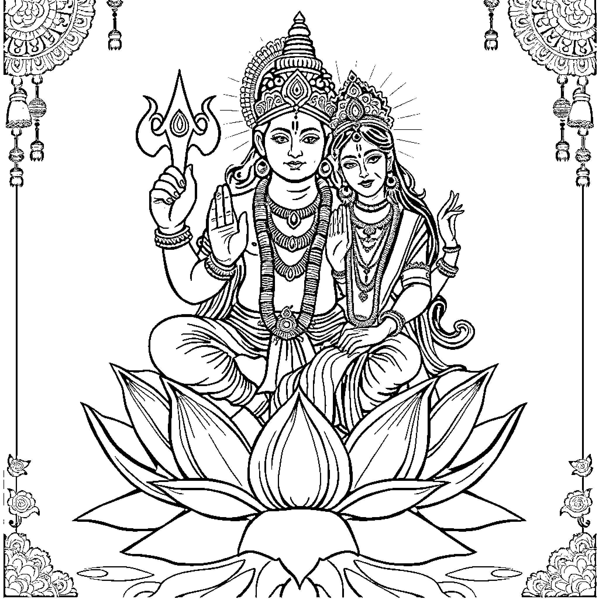 Vishnu and Lakshmi seated on a lotus flower Coloring Page (free black-and-white line drawing printable PDF for all, from beginners to advanced learners, including children, teens, adults, and seniors)
