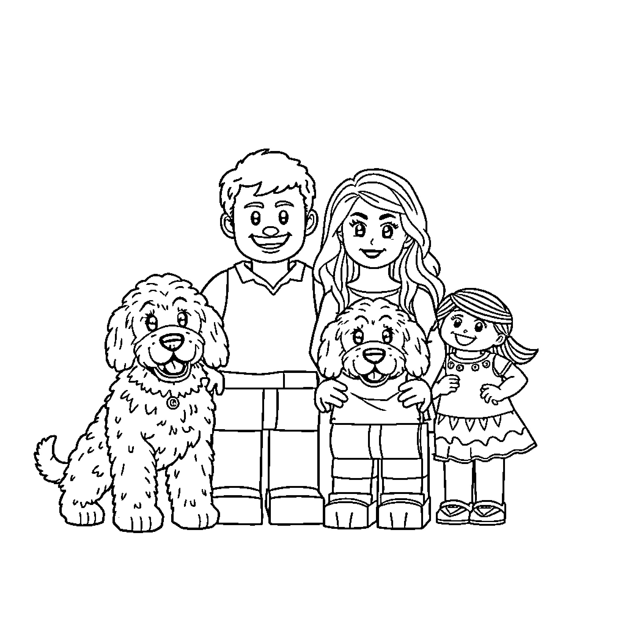 Goldendoodle family enjoying quality time together Coloring Page (free black-and-white line drawing printable PDF for all, from beginners to advanced learners, including children, teens, adults, and seniors)