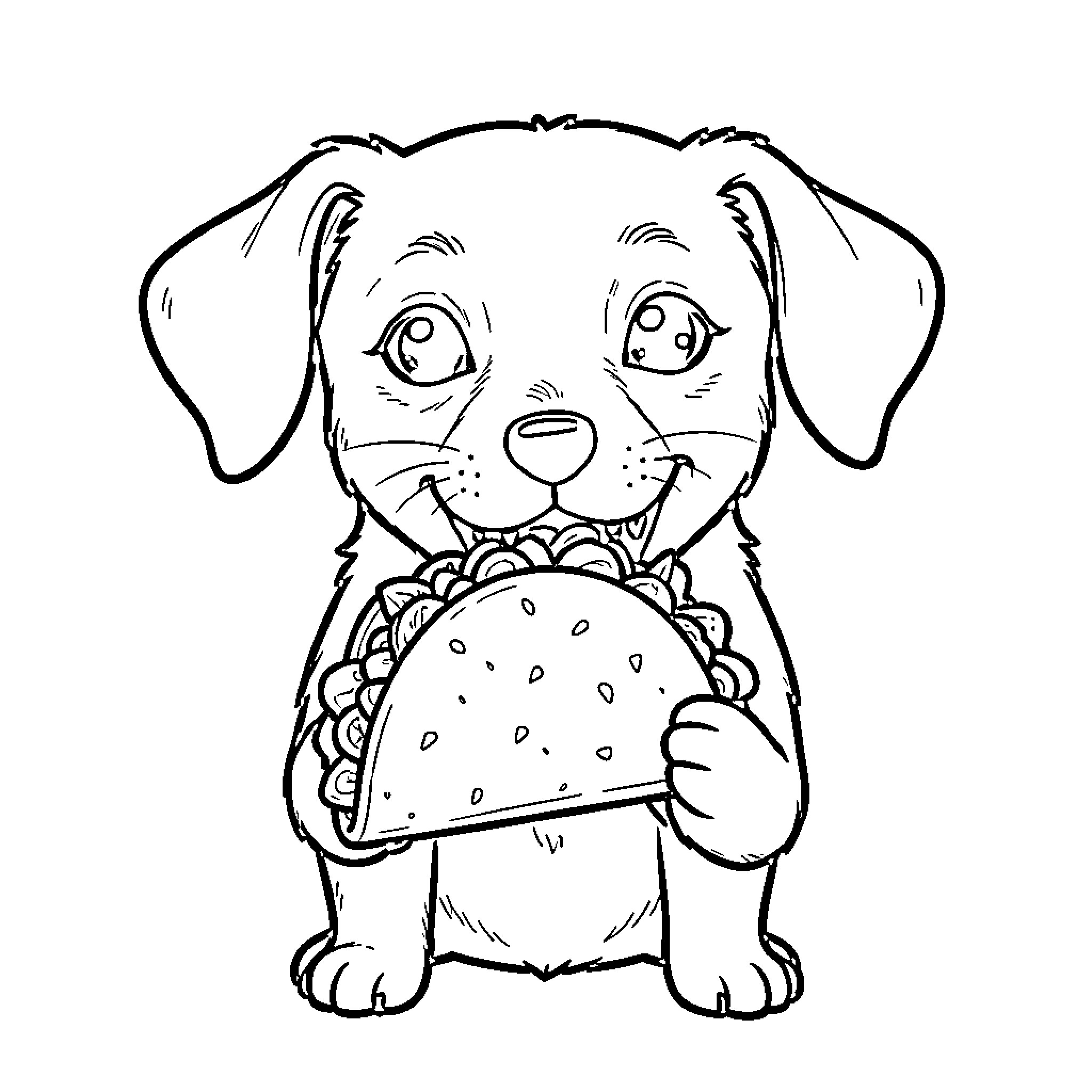 Weiner Dog happily eating a large taco Coloring Page (free black-and-white line drawing printable PDF for all, from beginners to advanced learners, including children, teens, adults, and seniors)