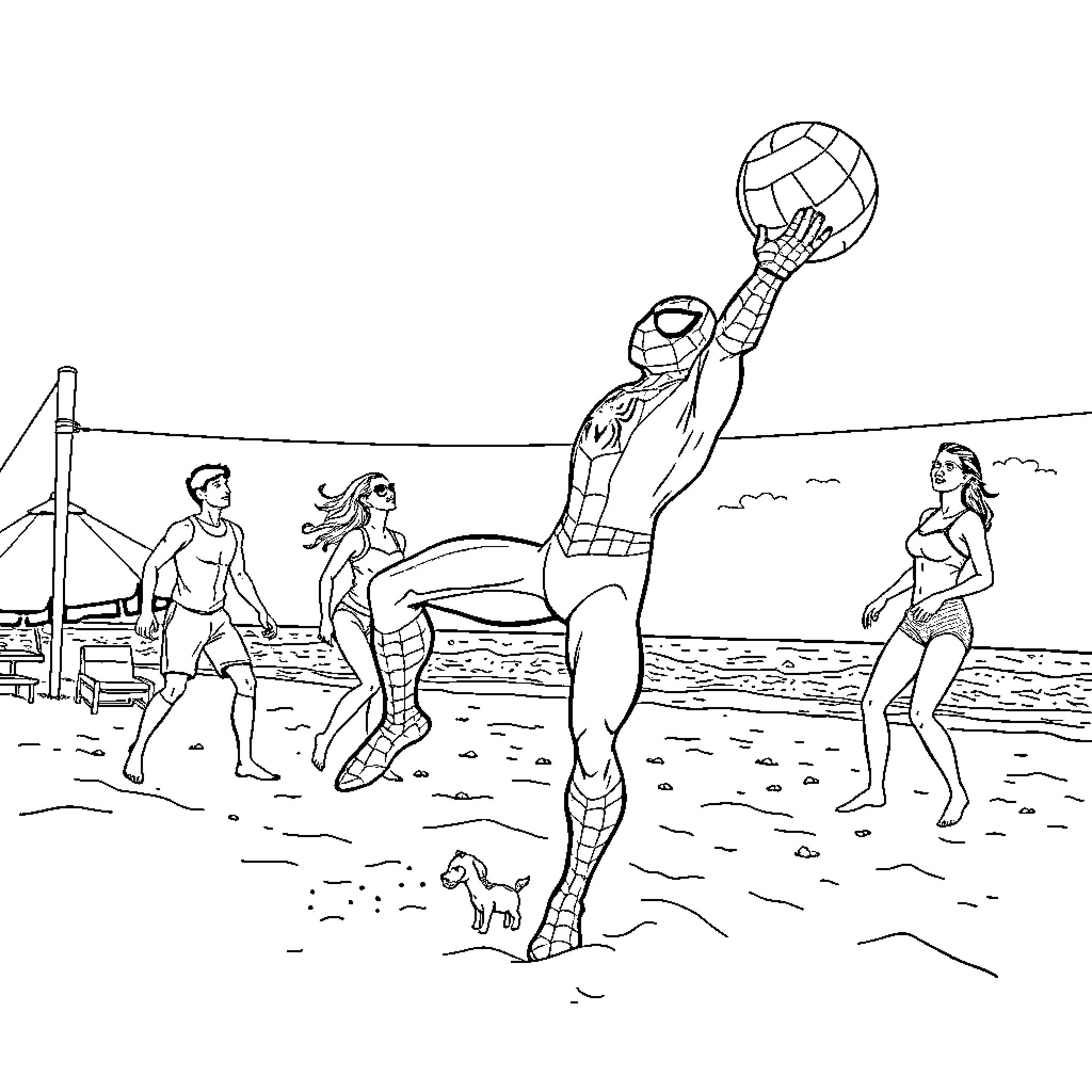 Spiderman playing volleyball with beachgoers Coloring Page (free black-and-white line drawing printable PDF for all, from beginners to advanced learners, including children, teens, adults, and seniors)