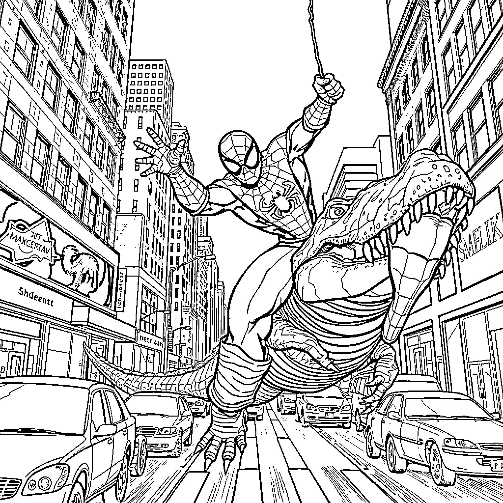 Spider-Man swinging through the city and fighting a giant monster Coloring Page (free black-and-white line drawing printable PDF for all, from beginners to advanced learners, including children, teens, adults, and seniors)