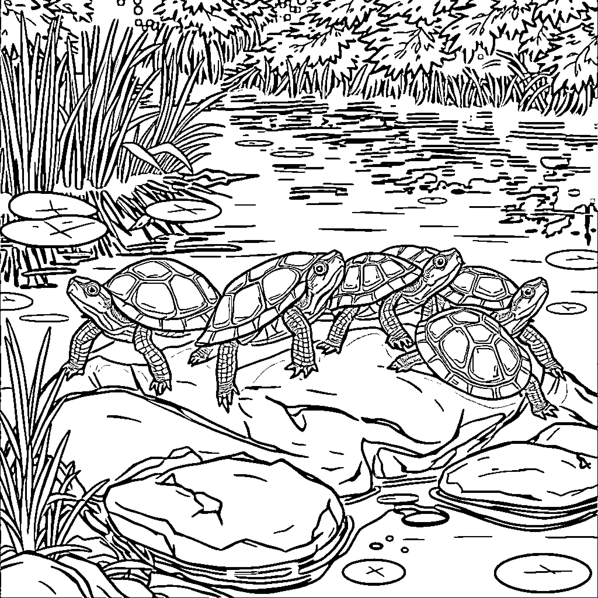 Turtles exploring a tranquil pond Coloring Page (free black-and-white line drawing printable PDF for all, from beginners to advanced learners, including children, teens, adults, and seniors)