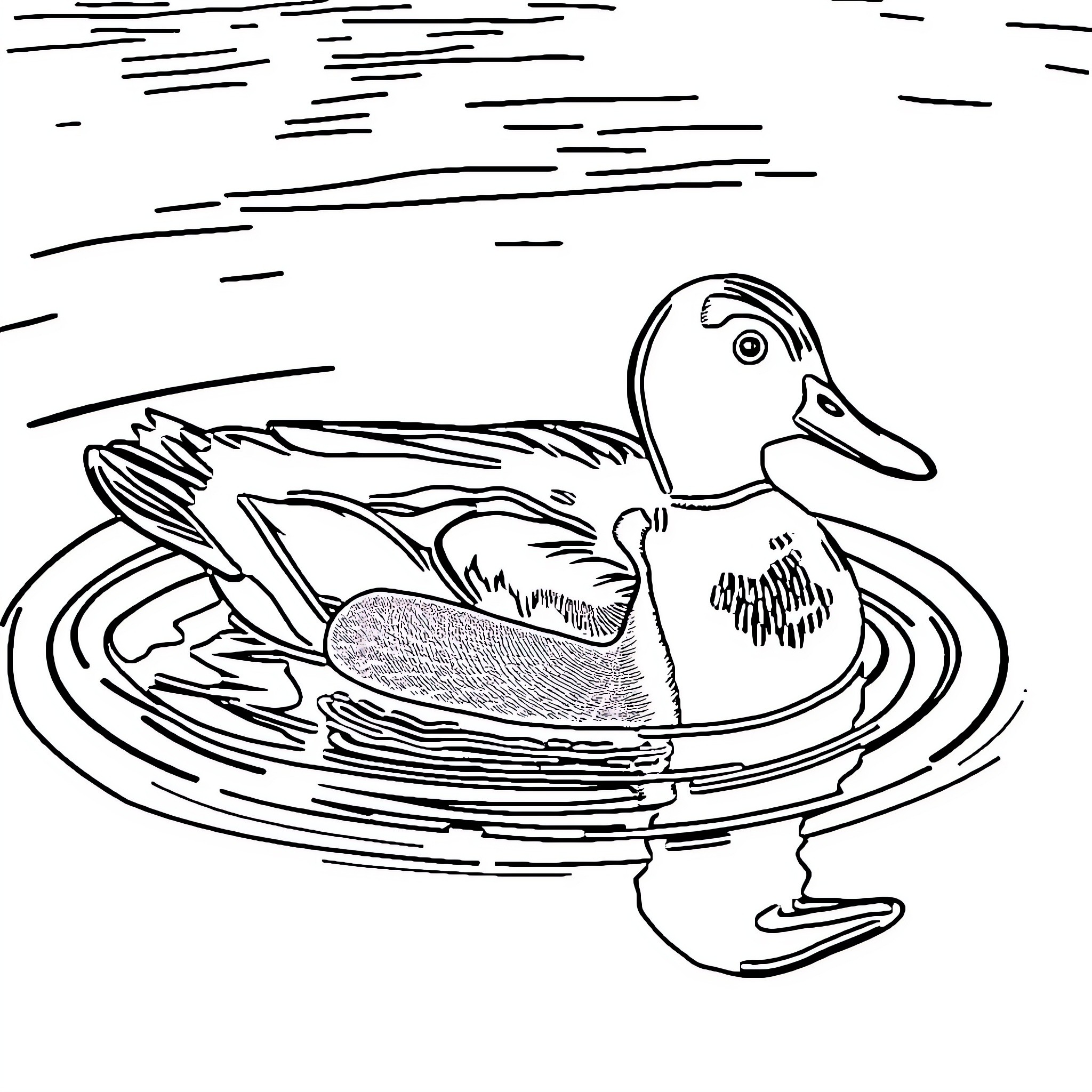 Duck swimming in the pond Coloring Page (free black-and-white line drawing printable PDF for all, from beginners to advanced learners, including children, teens, adults, and seniors)