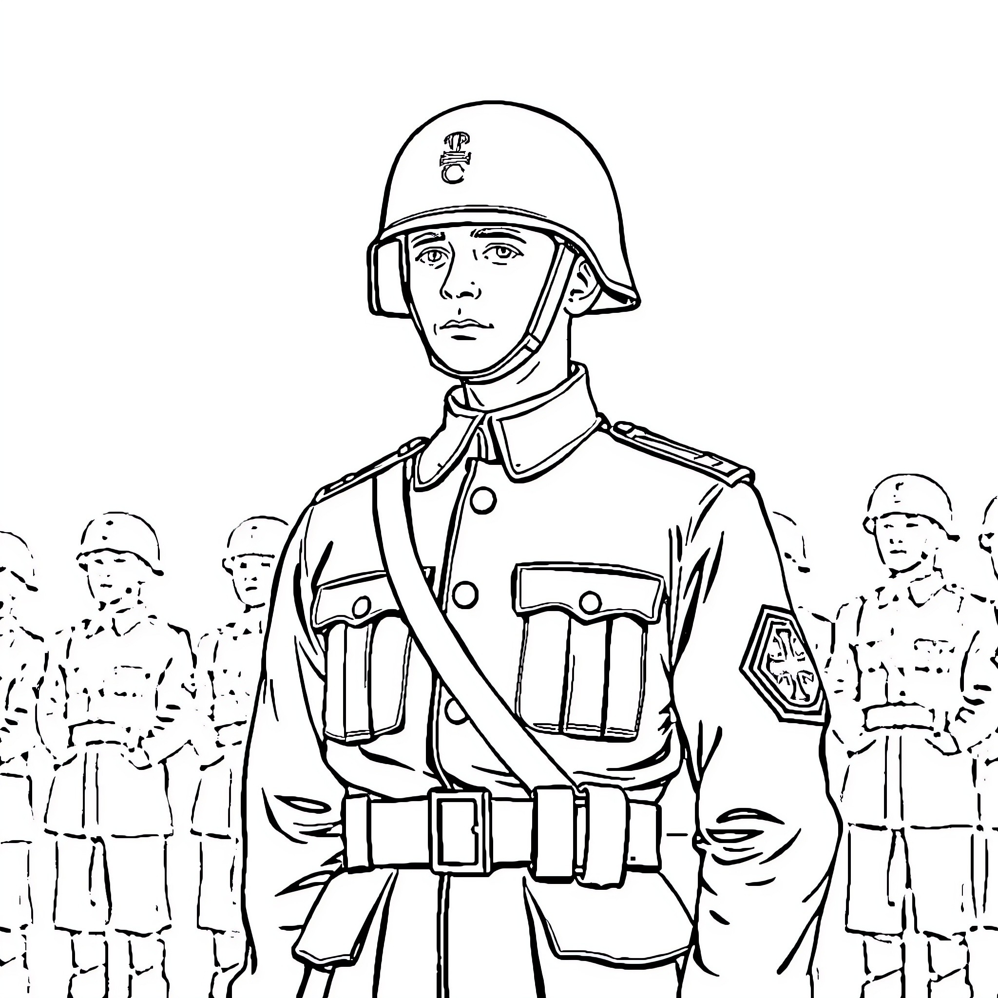 German Soldier Marching with Determination Coloring Page (free black-and-white line drawing printable PDF for all, from beginners to advanced learners, including children, teens, adults, and seniors)