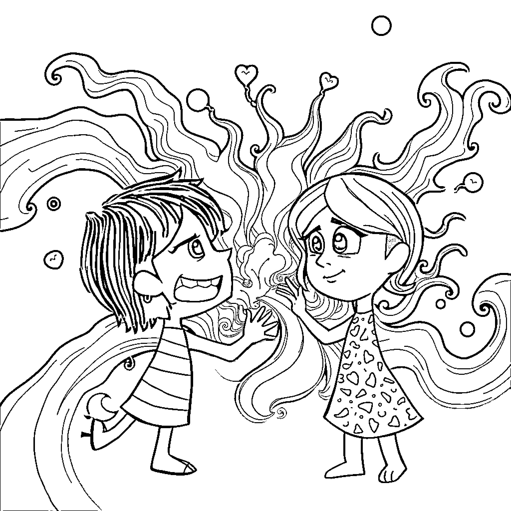 Core Memory: Two children's joyful play and discovery Coloring Page (free black-and-white line drawing printable PDF for all, from beginners to advanced learners, including children, teens, adults, and seniors)