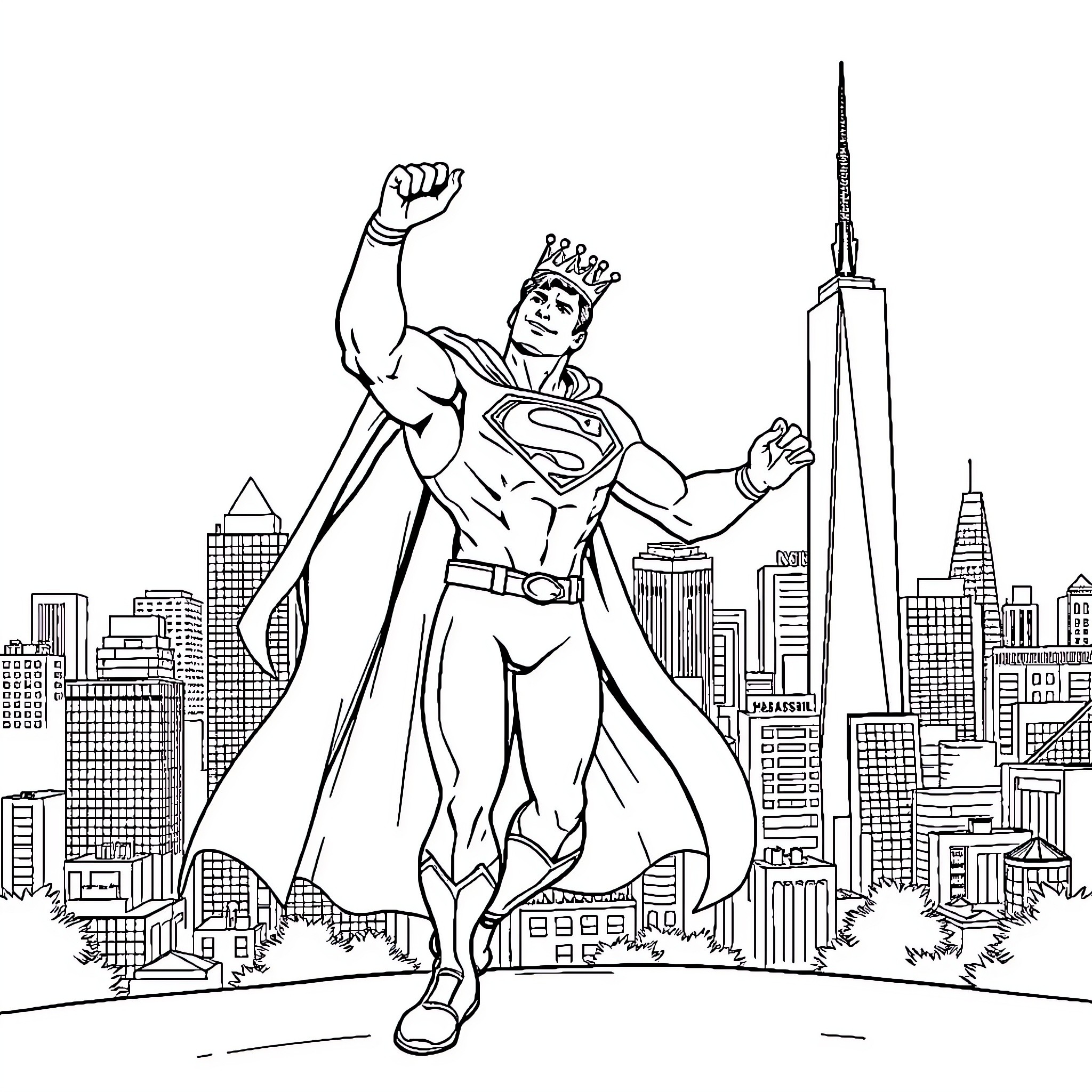 Superman protects the city with heroic pose Coloring Page (free black-and-white line drawing printable PDF for all, from beginners to advanced learners, including children, teens, adults, and seniors)