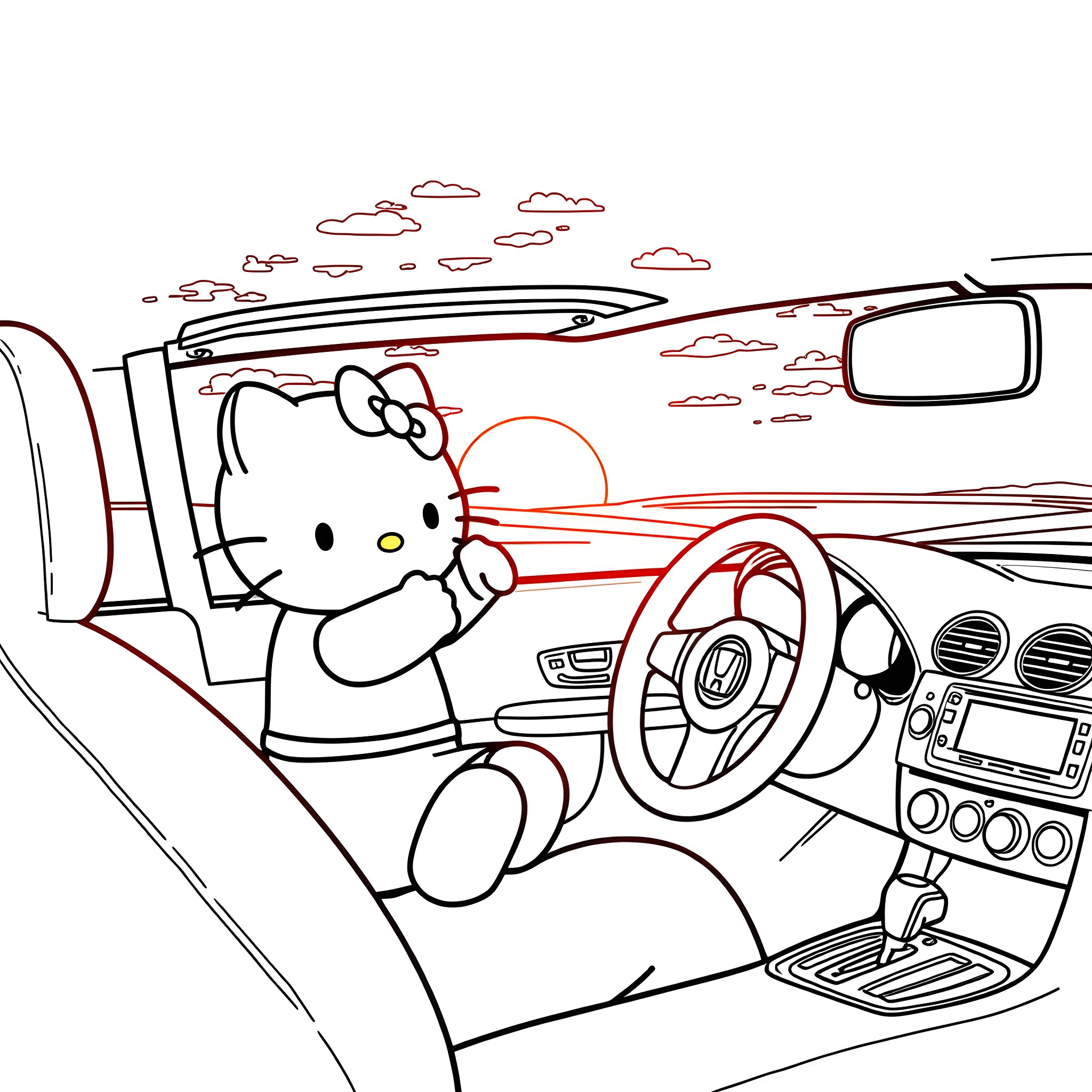 Hello Kitty driving a car through the countryside Coloring Page (free black-and-white line drawing printable PDF for all, from beginners to advanced learners, including children, teens, adults, and seniors)