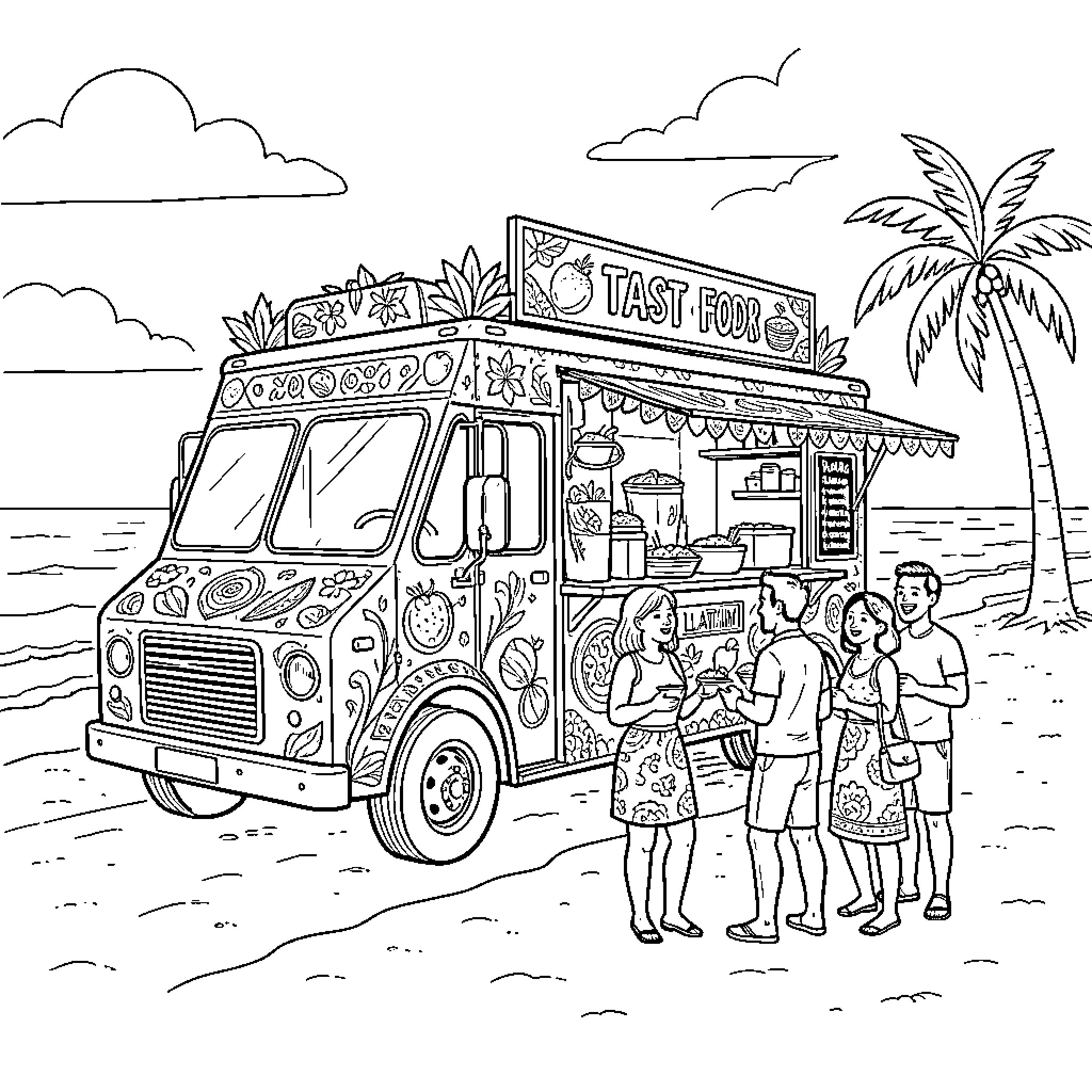 Food Truck with Lively Tropical Scene Coloring Page (free black-and-white line drawing printable PDF for all, from beginners to advanced learners, including children, teens, adults, and seniors)