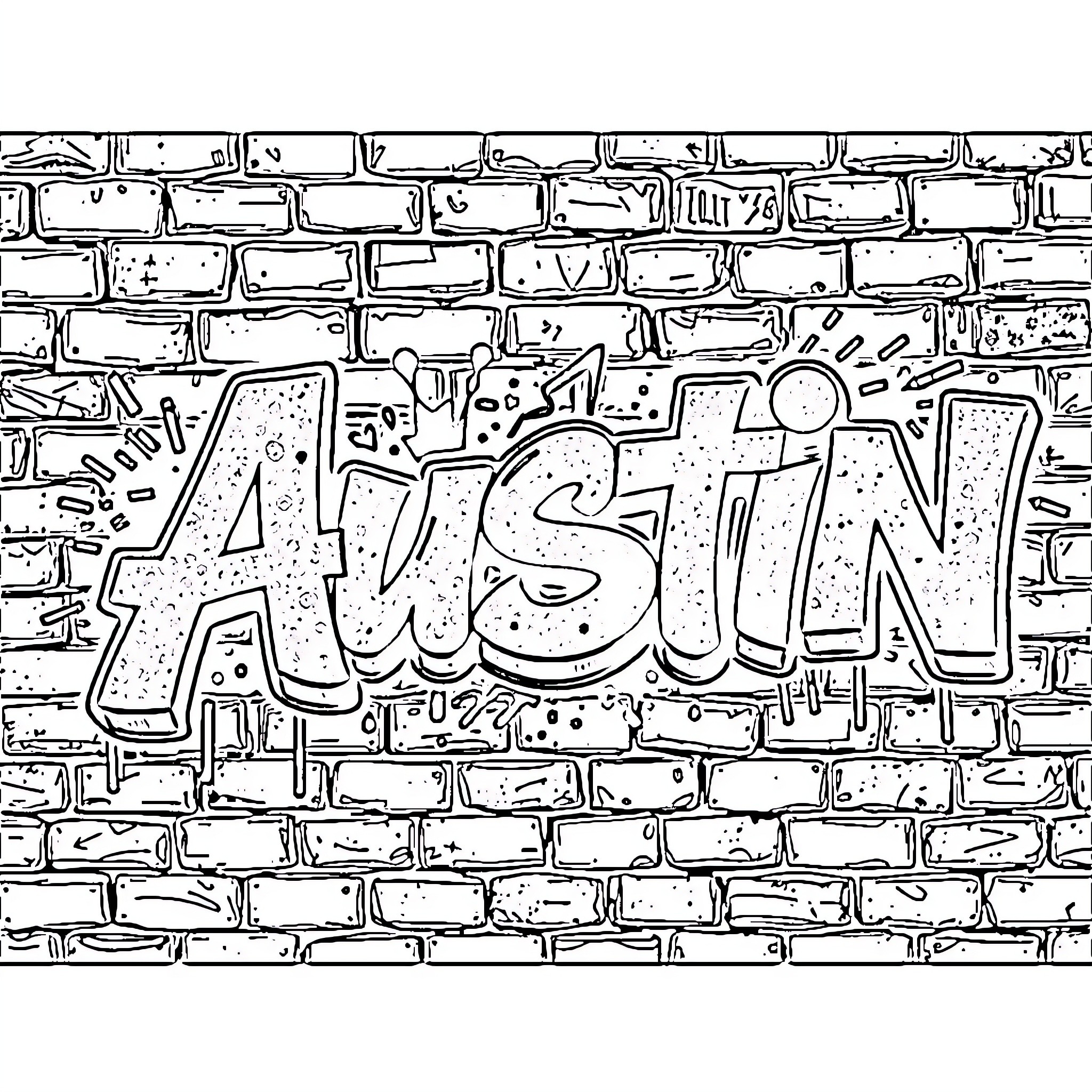 Austin graffiti on a brick wall Coloring Page (free black-and-white line drawing printable PDF for all, from beginners to advanced learners, including children, teens, adults, and seniors)