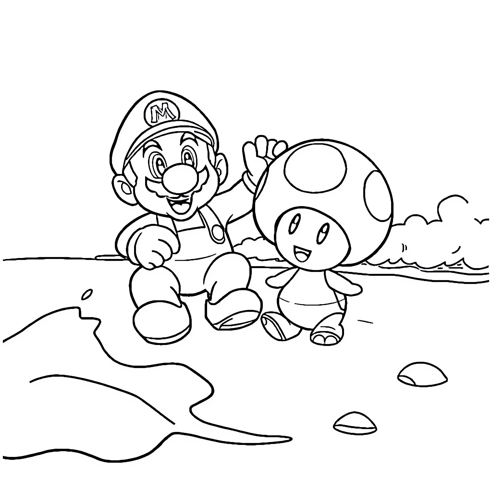 Mario and Toad playing on the beach Coloring Page (free black-and-white line drawing printable PDF for all, from beginners to advanced learners, including children, teens, adults, and seniors)