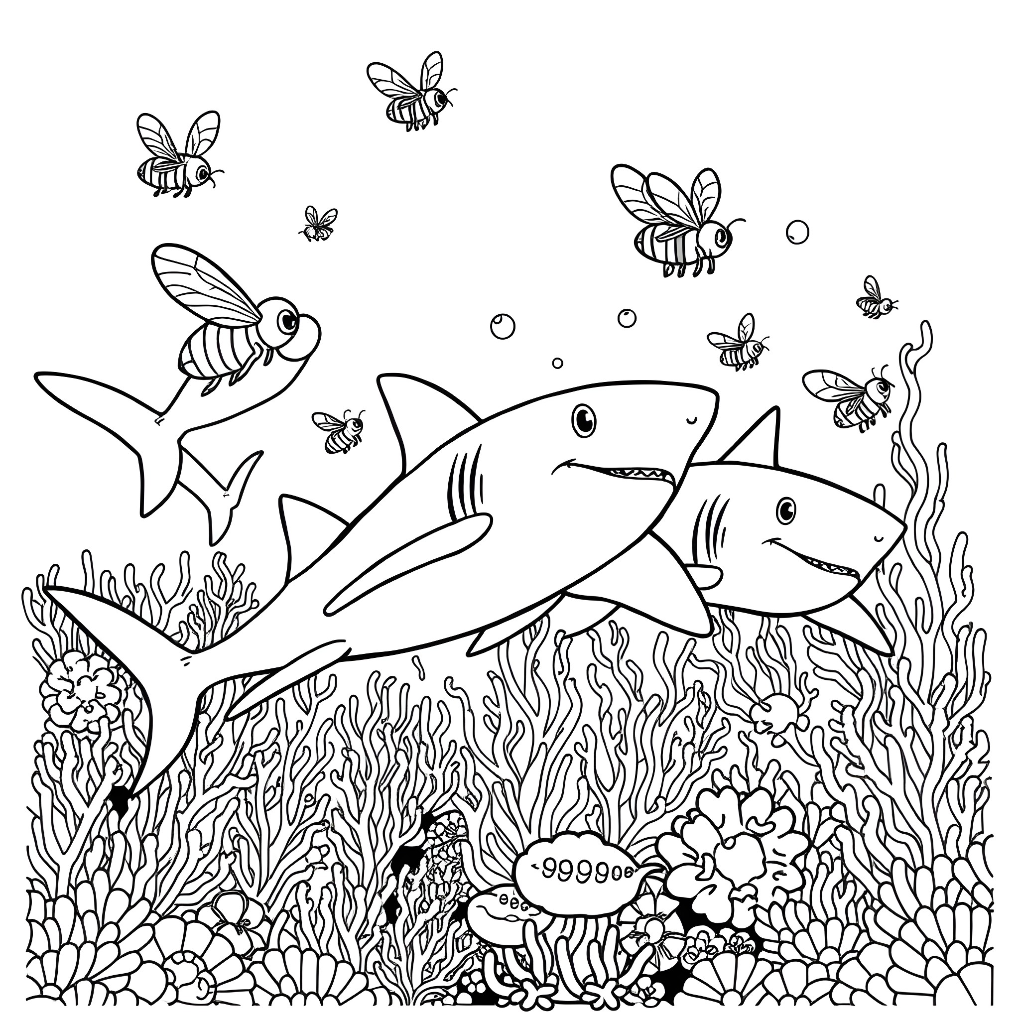 Bee under the sea with sharks and coral Coloring Page (free black-and-white line drawing printable PDF for all, from beginners to advanced learners, including children, teens, adults, and seniors)