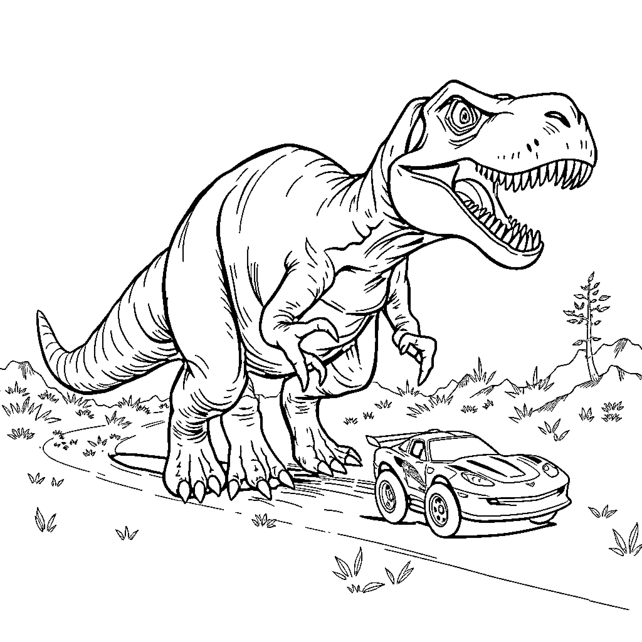 Dinosaur Chasing Toy Car on Grass Coloring Page (free black-and-white line drawing printable PDF for all, from beginners to advanced learners, including children, teens, adults, and seniors)