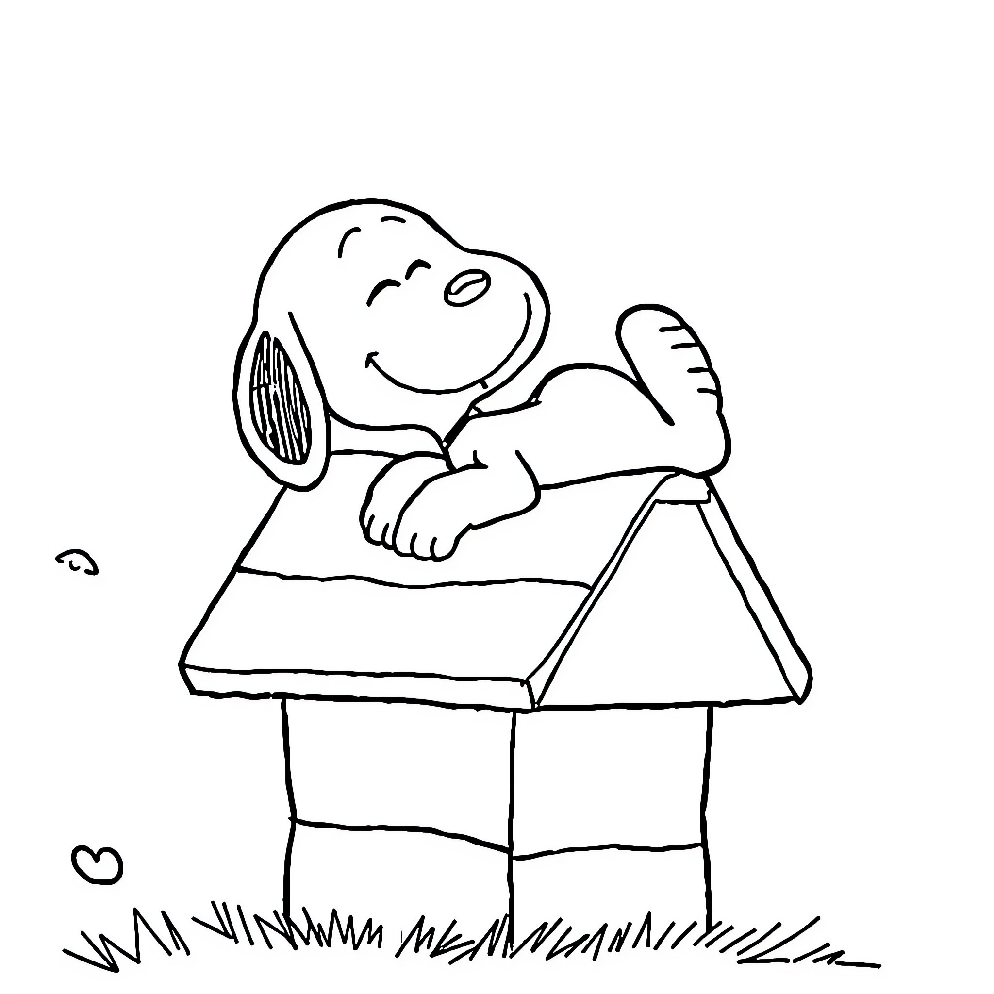 Snoopy napping on his doghouse Coloring Page (free black-and-white line drawing printable PDF for all, from beginners to advanced learners, including children, teens, adults, and seniors)