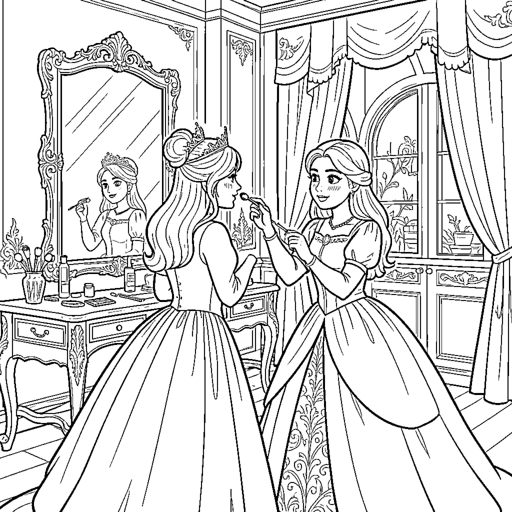 Princess receiving makeup application in a royal dressing room Coloring Page (free black-and-white line drawing printable PDF for all, from beginners to advanced learners, including children, teens, adults, and seniors)