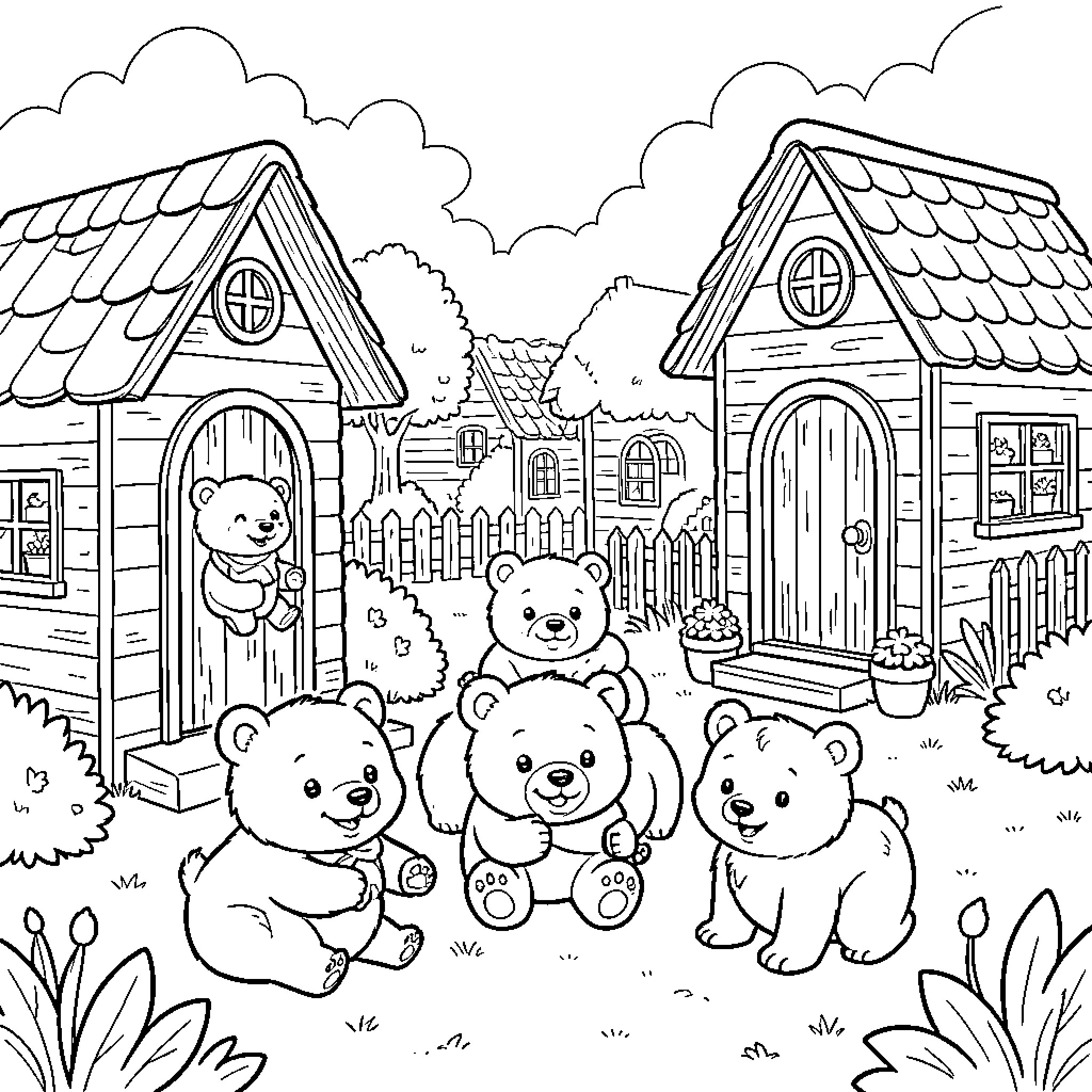 Bear Family Enjoying Cozy Cottages in Scenic Surroundings Coloring Page (free black-and-white line drawing printable PDF for all, from beginners to advanced learners, including children, teens, adults, and seniors)