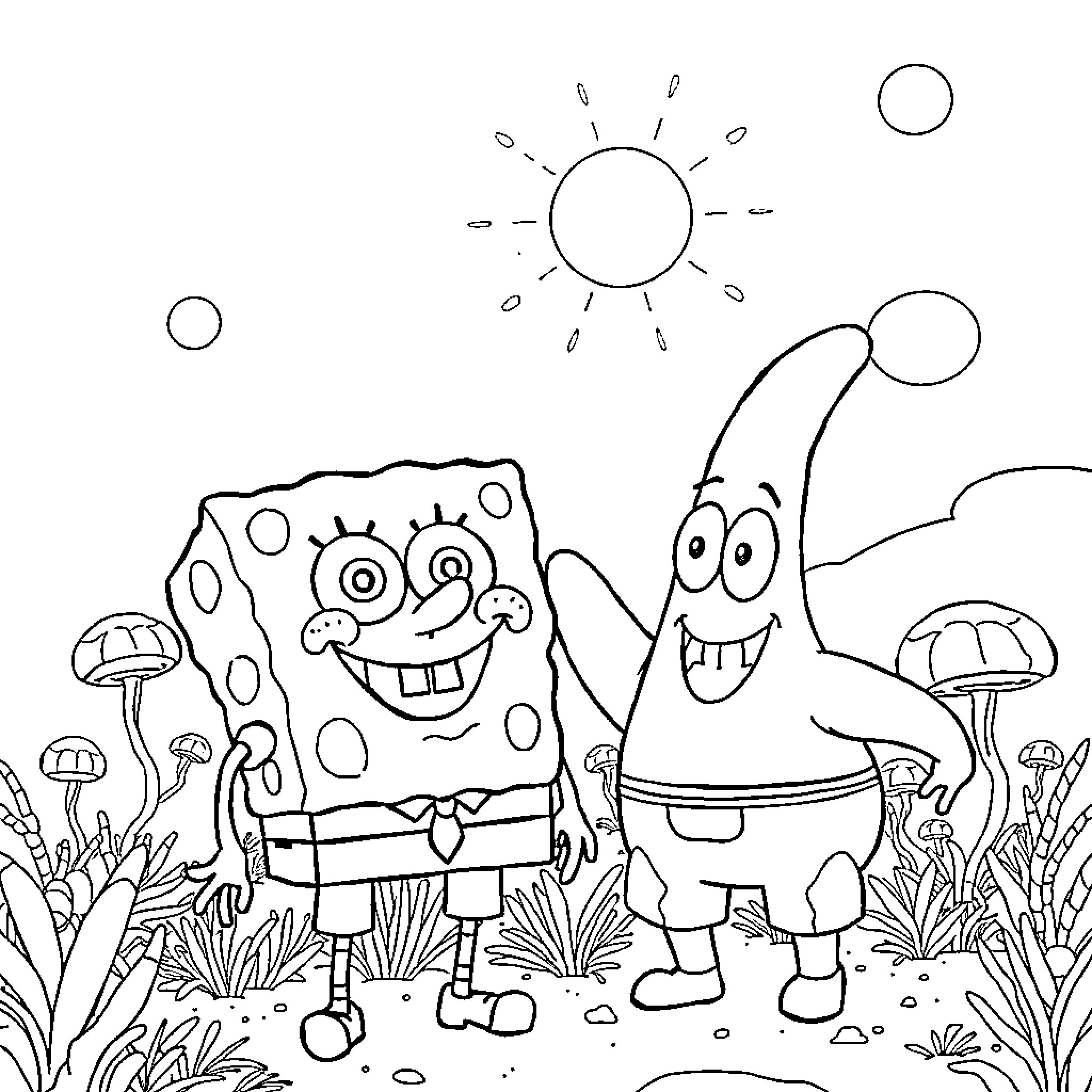 Spongebob and Patrick exploring the outdoors Coloring Page (free black-and-white line drawing printable PDF for all, from beginners to advanced learners, including children, teens, adults, and seniors)