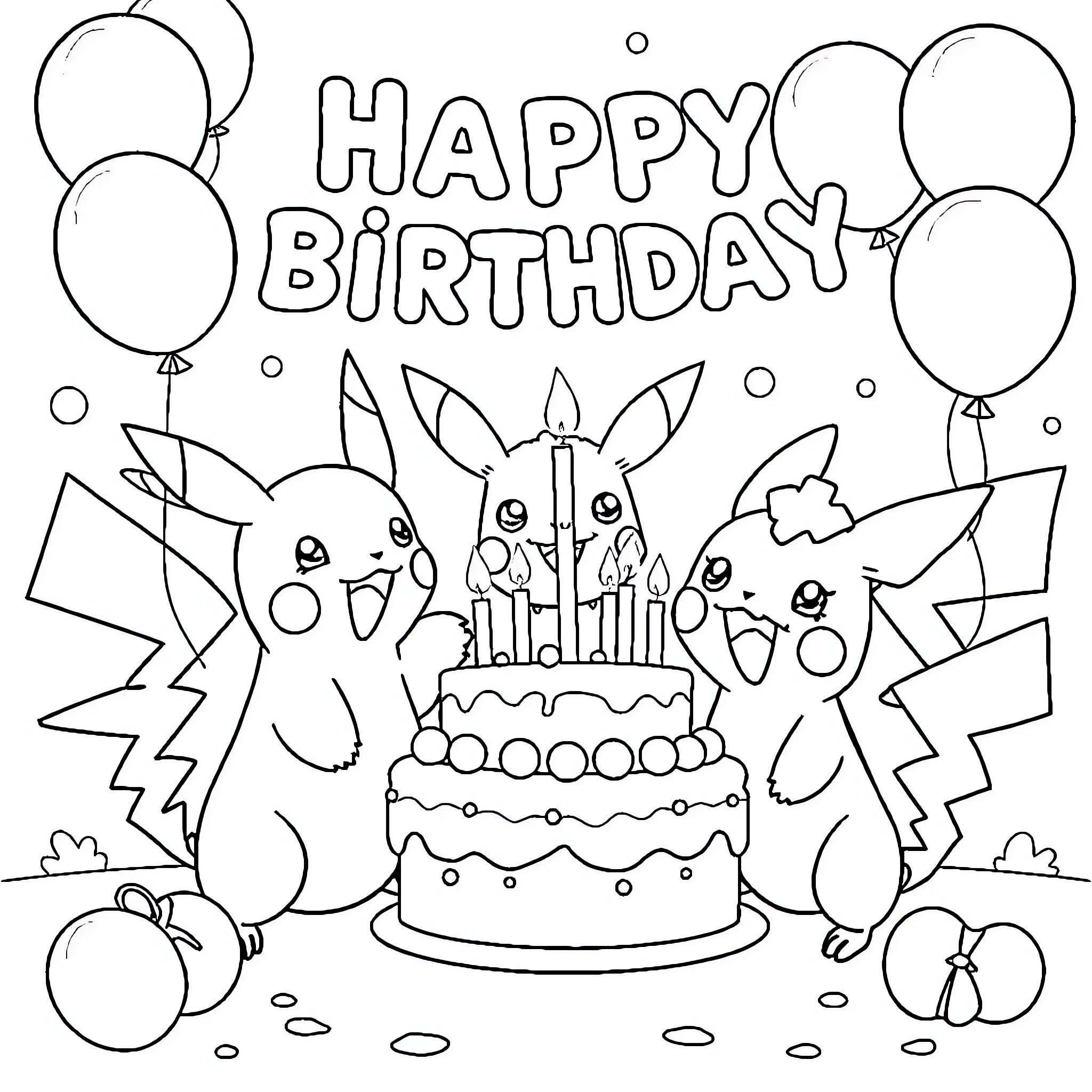 Pokémon happily celebrating birthday with cake and balloons Coloring Page (free black-and-white line drawing printable PDF for all, from beginners to advanced learners, including children, teens, adults, and seniors)