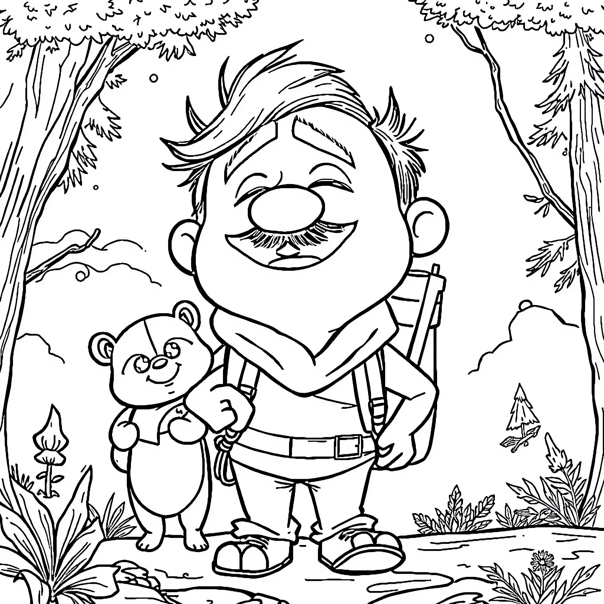Russell explores the enchanted forest with his furry friend Coloring Page (free black-and-white line drawing printable PDF for all, from beginners to advanced learners, including children, teens, adults, and seniors)