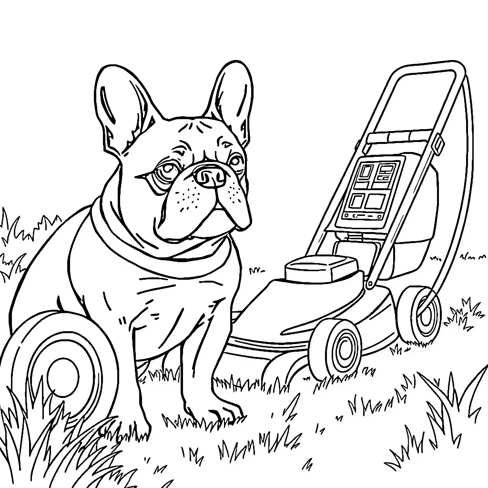 French Bulldog mowing the lawn with lawn mower Coloring Page (free black-and-white line drawing printable PDF for all, from beginners to advanced learners, including children, teens, adults, and seniors)