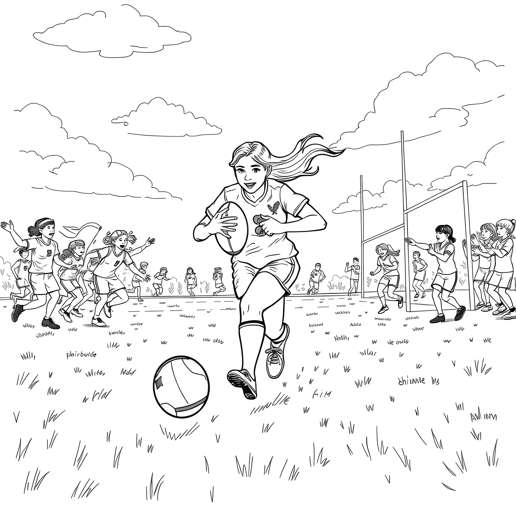 Mortelle Adèle playing football with friends in the park Coloring Page (free black-and-white line drawing printable PDF for all, from beginners to advanced learners, including children, teens, adults, and seniors)