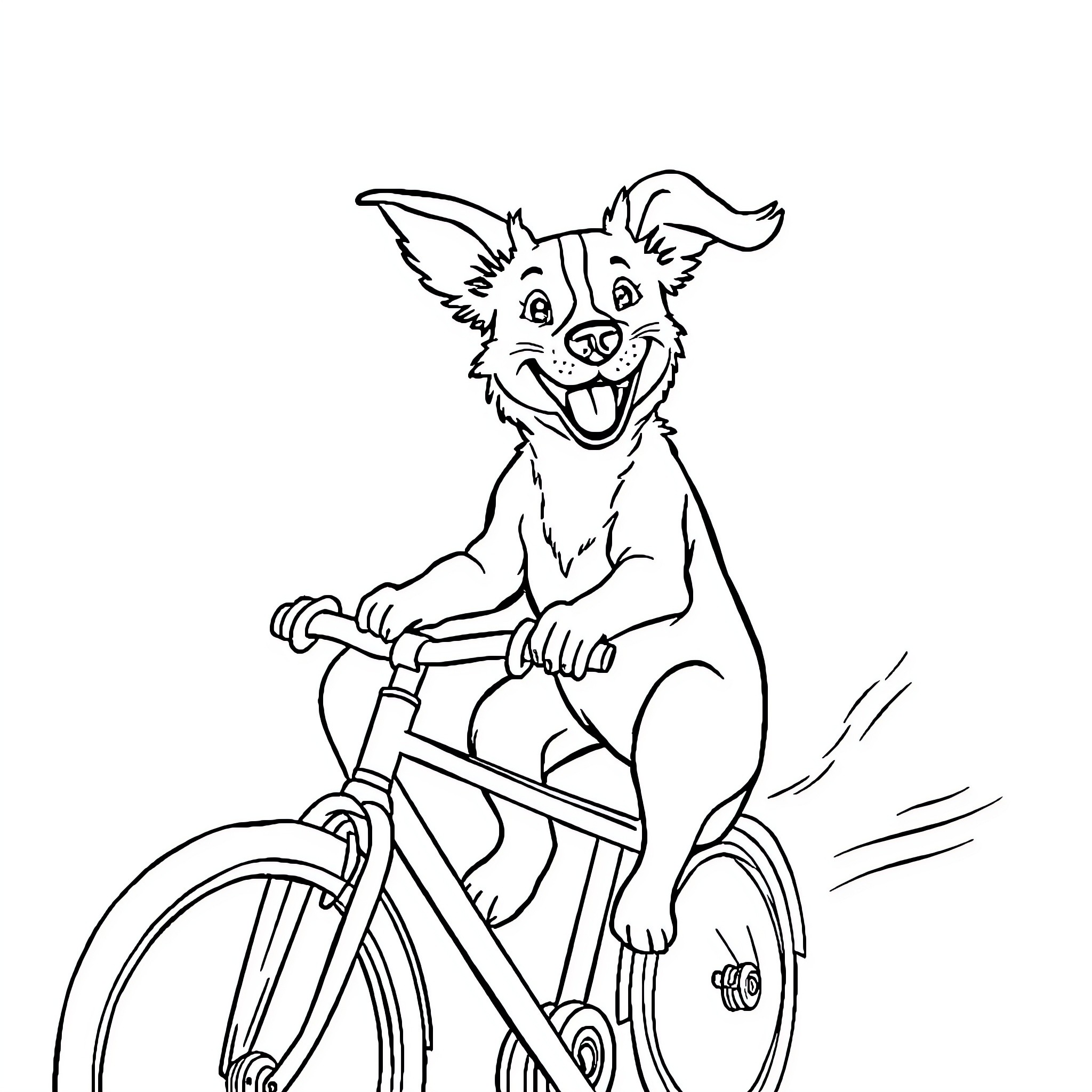Dog riding a bicycle with excitement Coloring Page (free black-and-white line drawing printable PDF for all, from beginners to advanced learners, including children, teens, adults, and seniors)